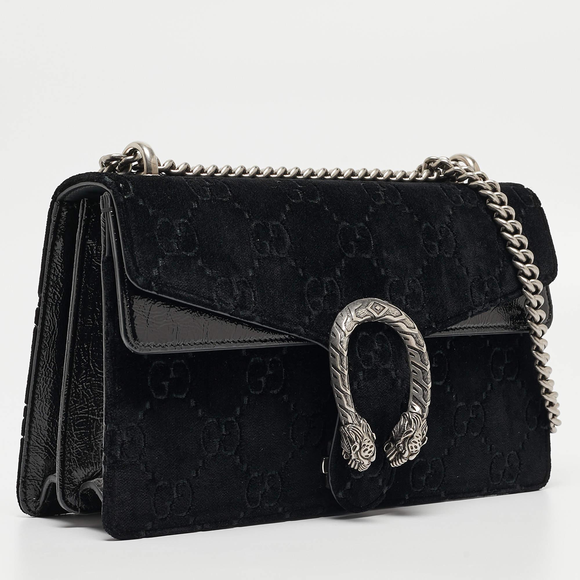 Gucci Black GG Velvet and Patent Leather Small Dionysus Shoulder Bag In Good Condition In Dubai, Al Qouz 2