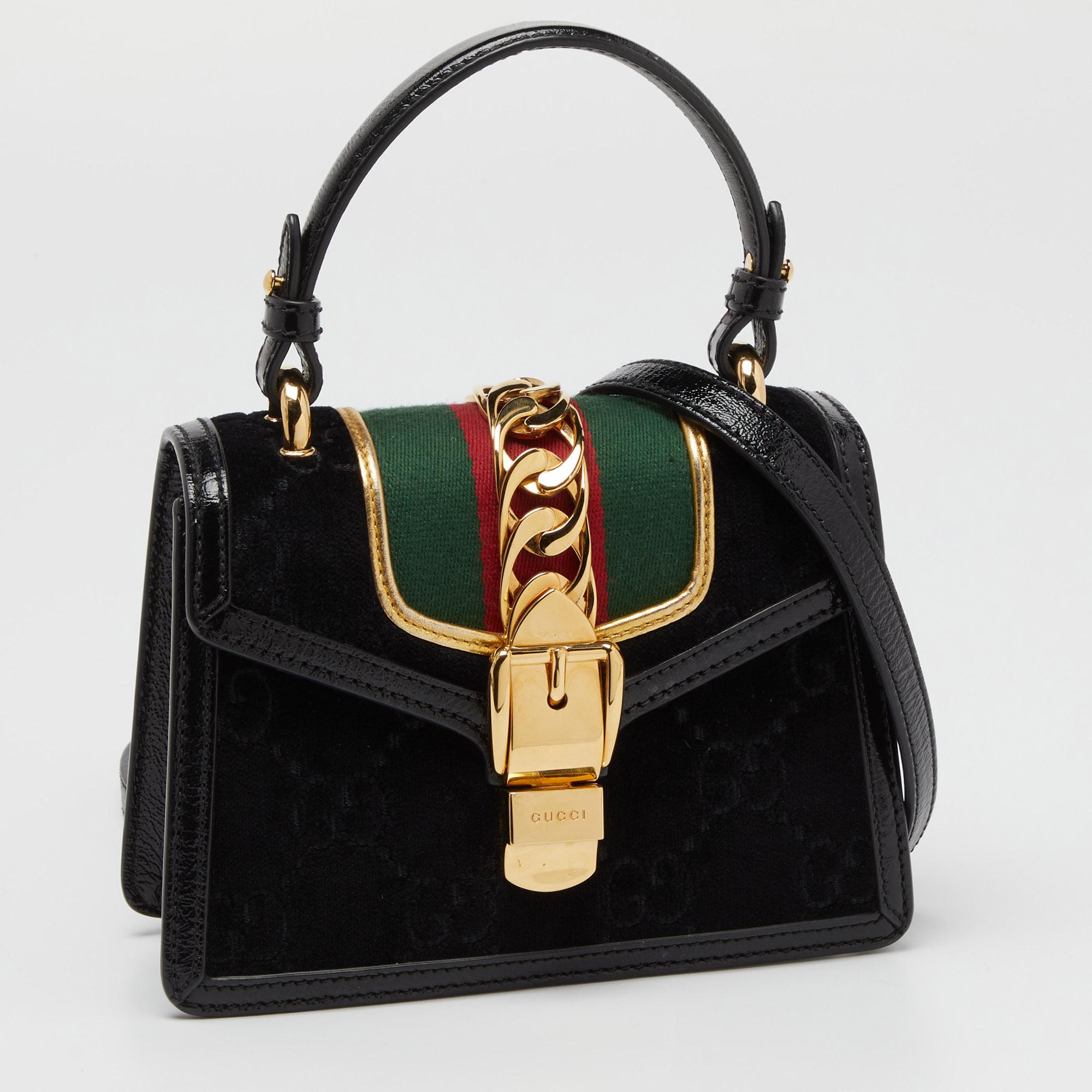 Women's Gucci Black GG Velvet and Patent Leather Sylvie Top Handle Bag For Sale