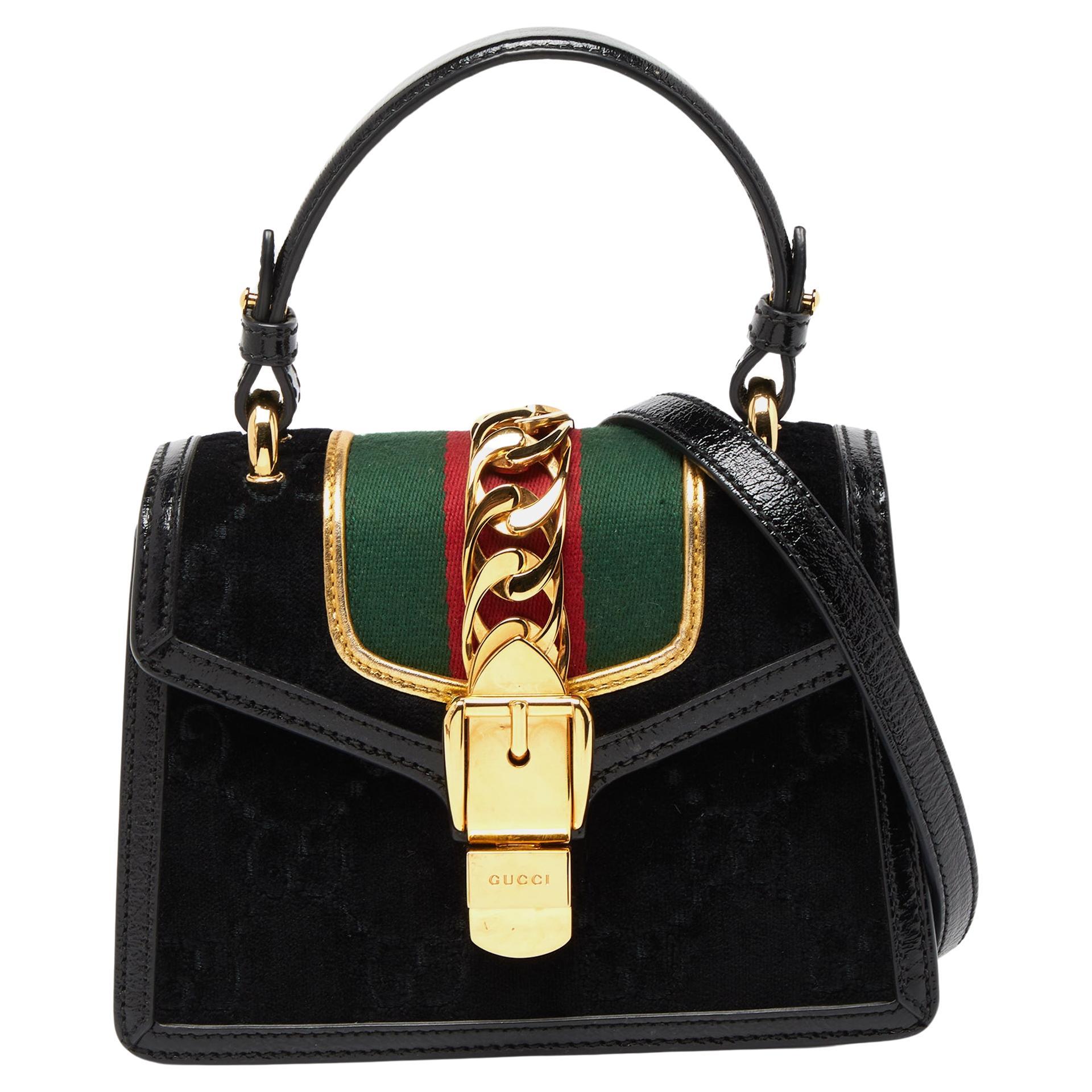 Gucci Black GG Velvet and Patent Leather Sylvie Top Handle Bag For Sale