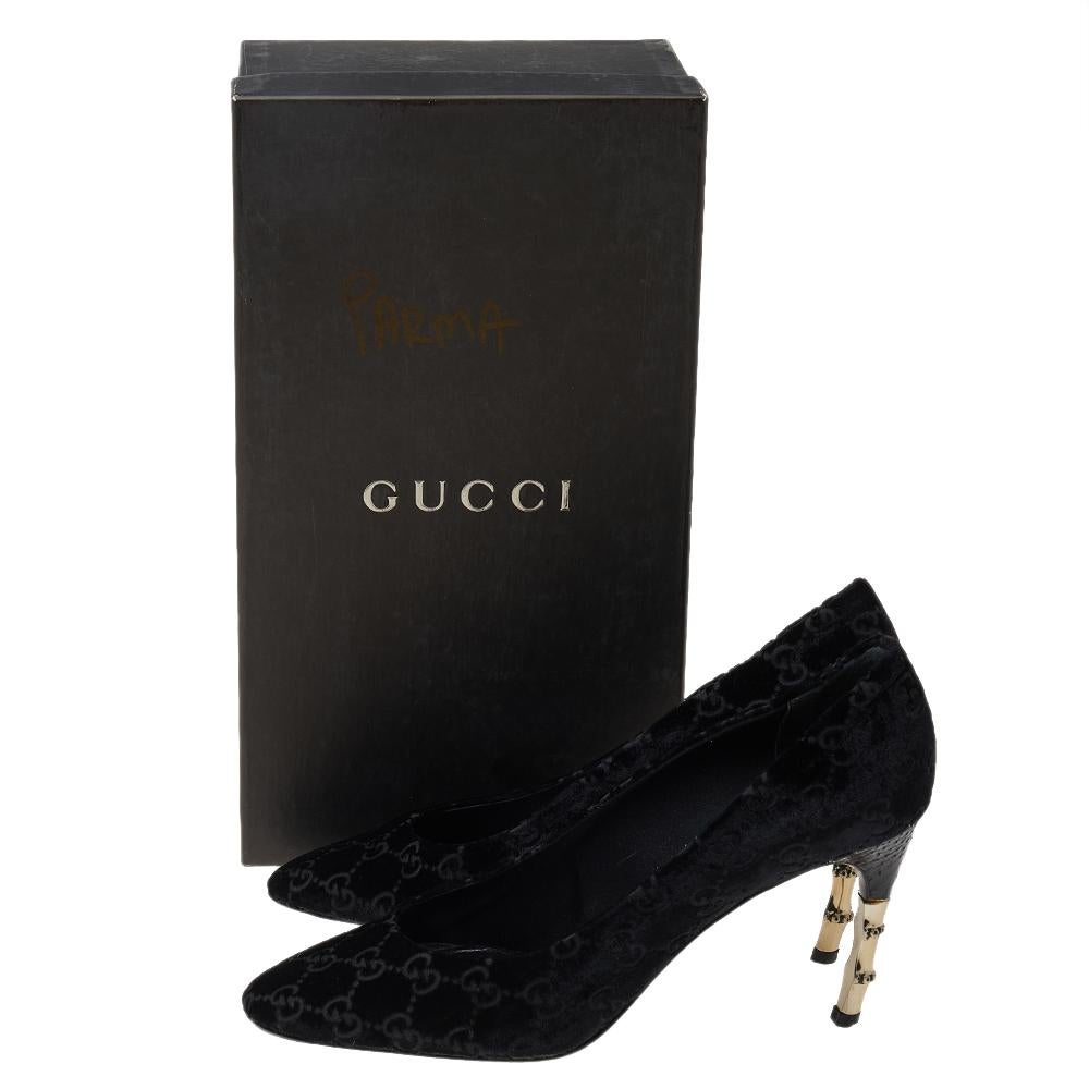 There are some shoes that stand the test of time and fashion cycles, these timeless Gucci pumps are the one. Crafted from GG velvet in a black shade, they are designed with sleek cuts, pointed-toes, and bamboo heels.

Includes: Original Box,