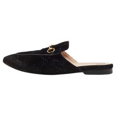 Used Gucci Black GG Velvet Princetown Horsebit Flat Mules Size 40.5