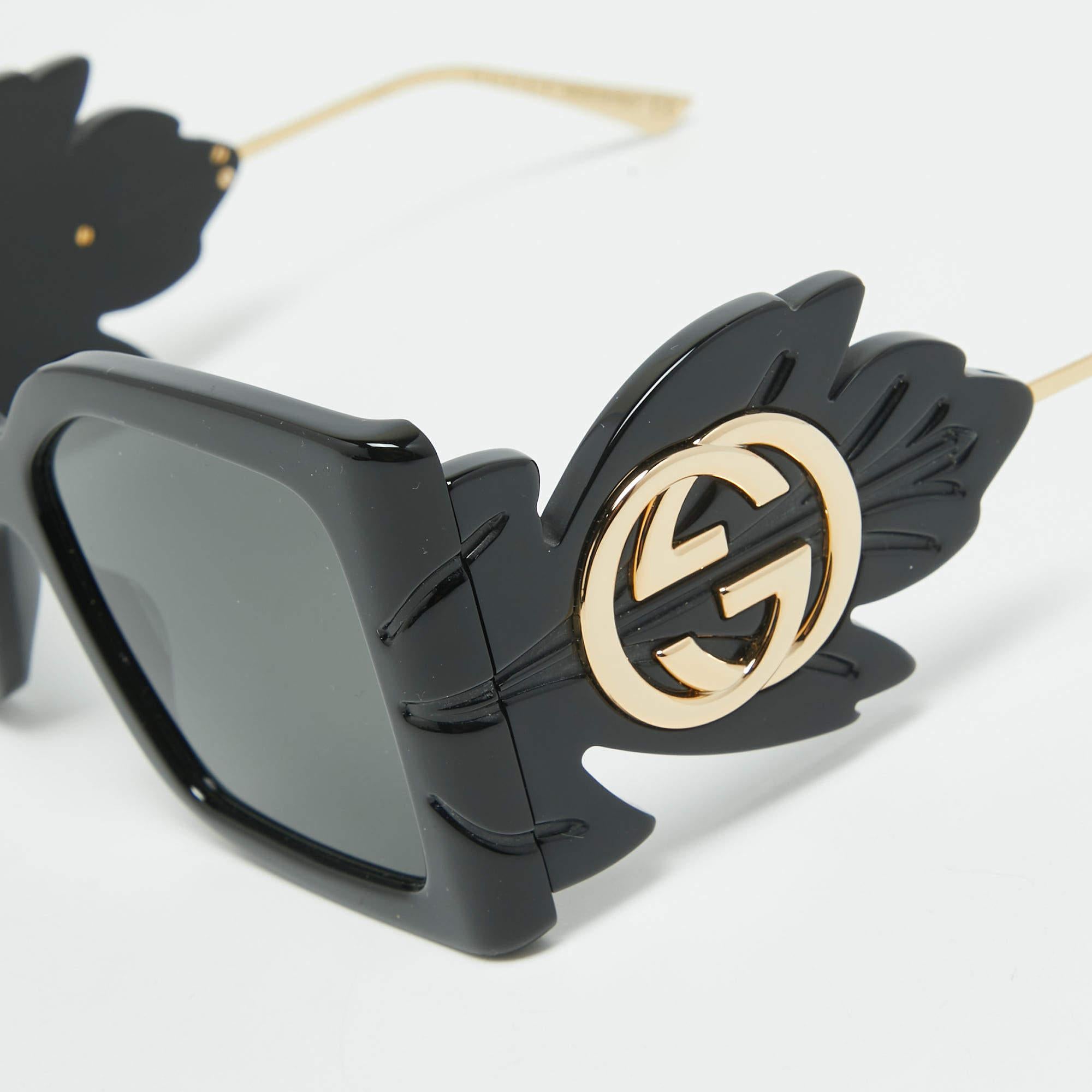 Gucci Black GG0535S Leaf Motif Oversized Sunglasses In Excellent Condition In Dubai, Al Qouz 2