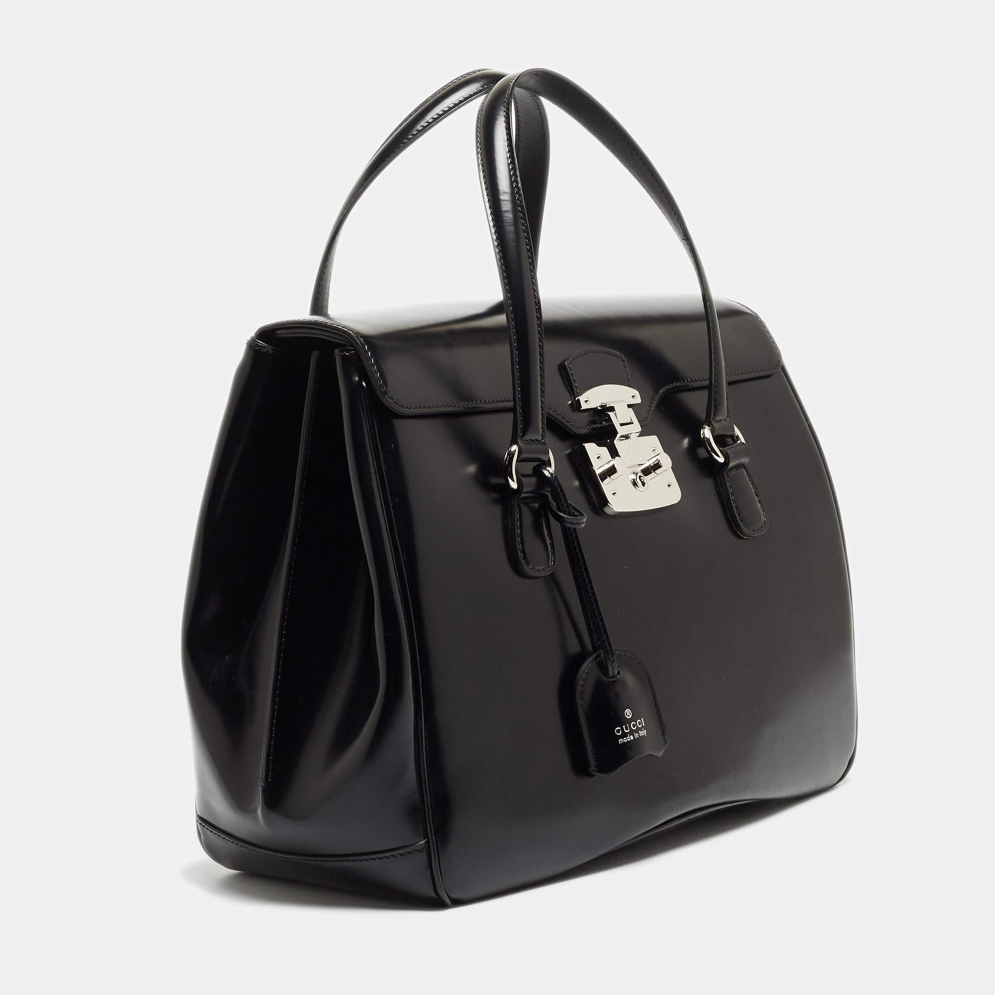 Gucci Black Glossy Leather Large Lady Lock Satchel In Good Condition In Dubai, Al Qouz 2