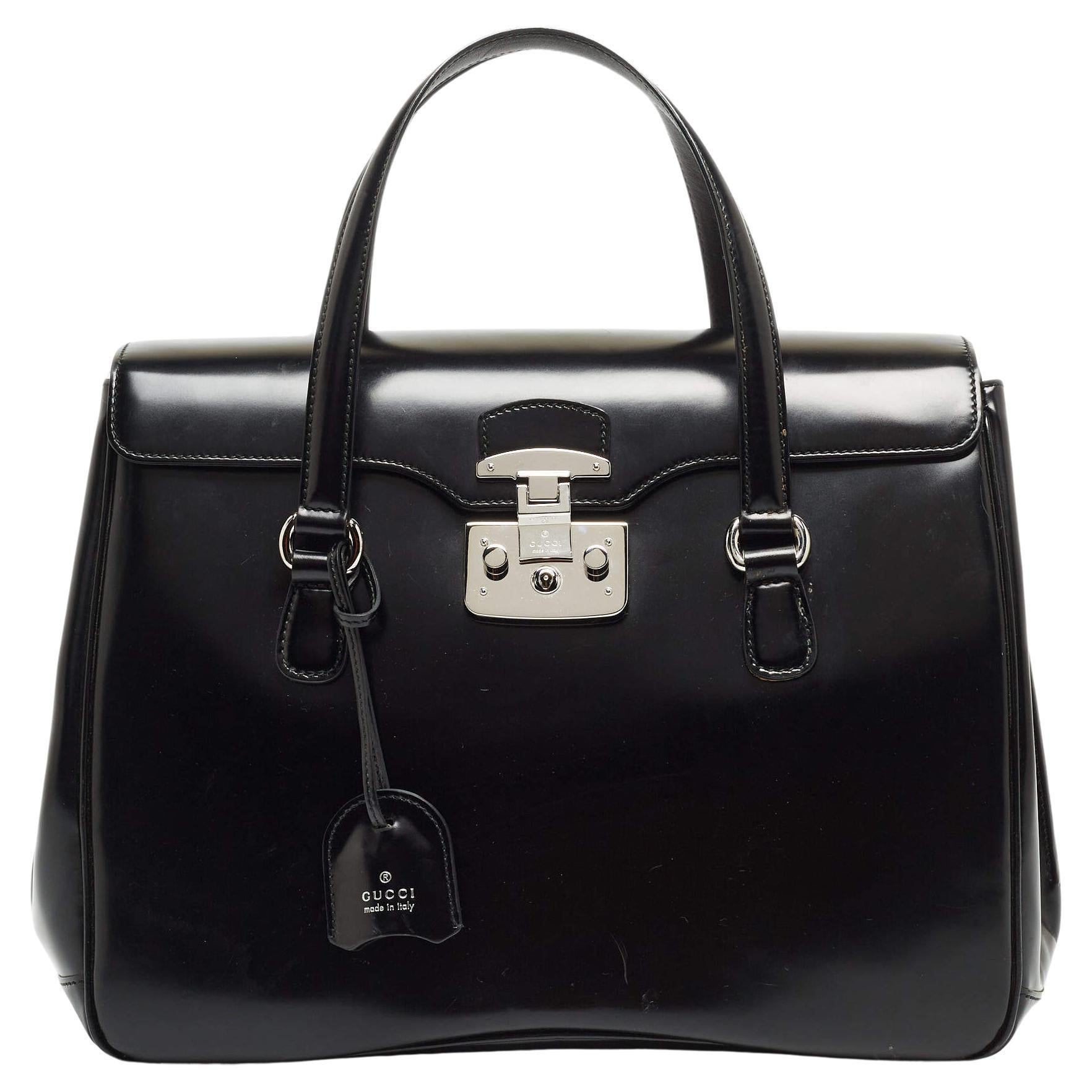 Gucci Black Glossy Leather Large Lady Lock Satchel