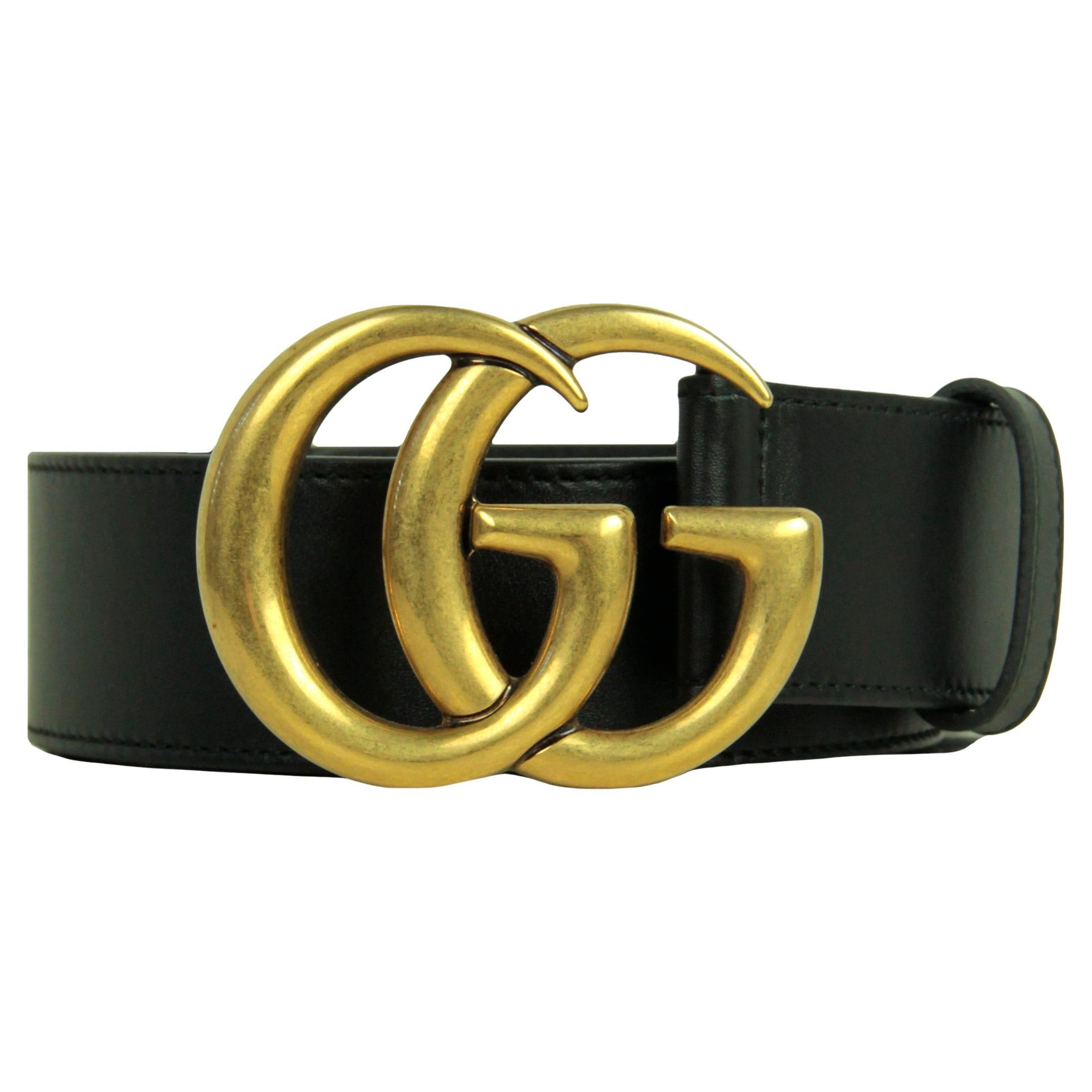 Gucci Schwarz/Gold 40mm breiter Marmont-Gürtel aus Leder Gr. 85 im Angebot  bei 1stDibs