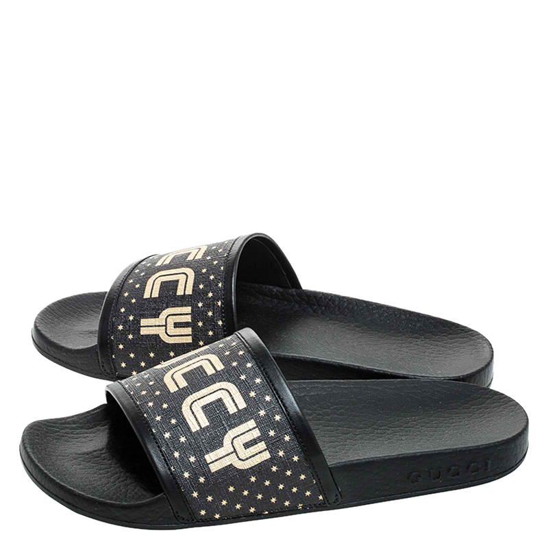 Gucci Black/Gold Coated Canvas Guccy Slip On Slides Size 35 1