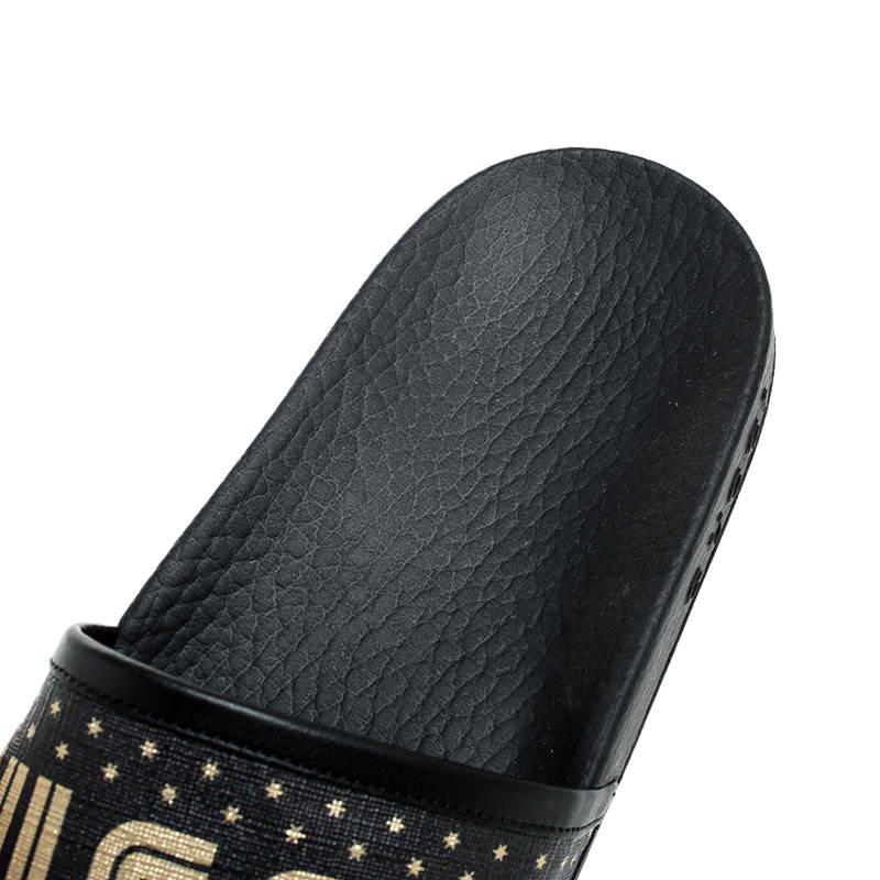 Gucci Black/Gold Coated Canvas Guccy Slip On Slides Size 35 2