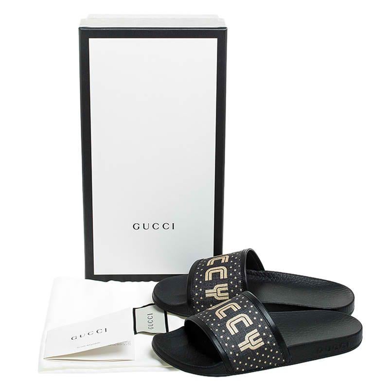 Gucci Black/Gold Coated Canvas Guccy Slip On Slides Size 35 3