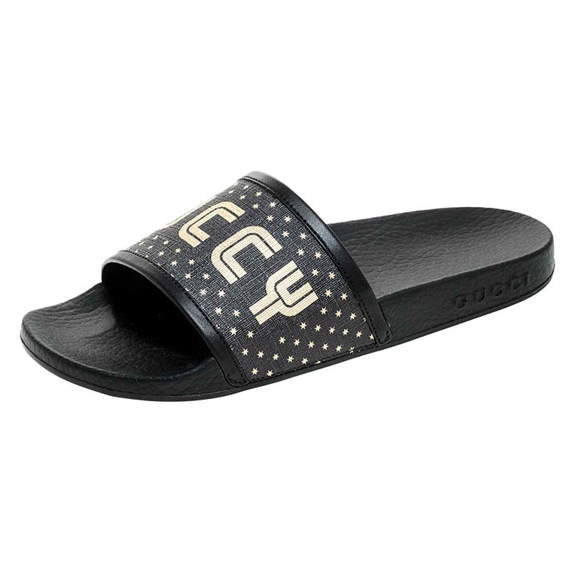 Gucci Black/Gold Coated Canvas Guccy Slip On Slides Size 35
