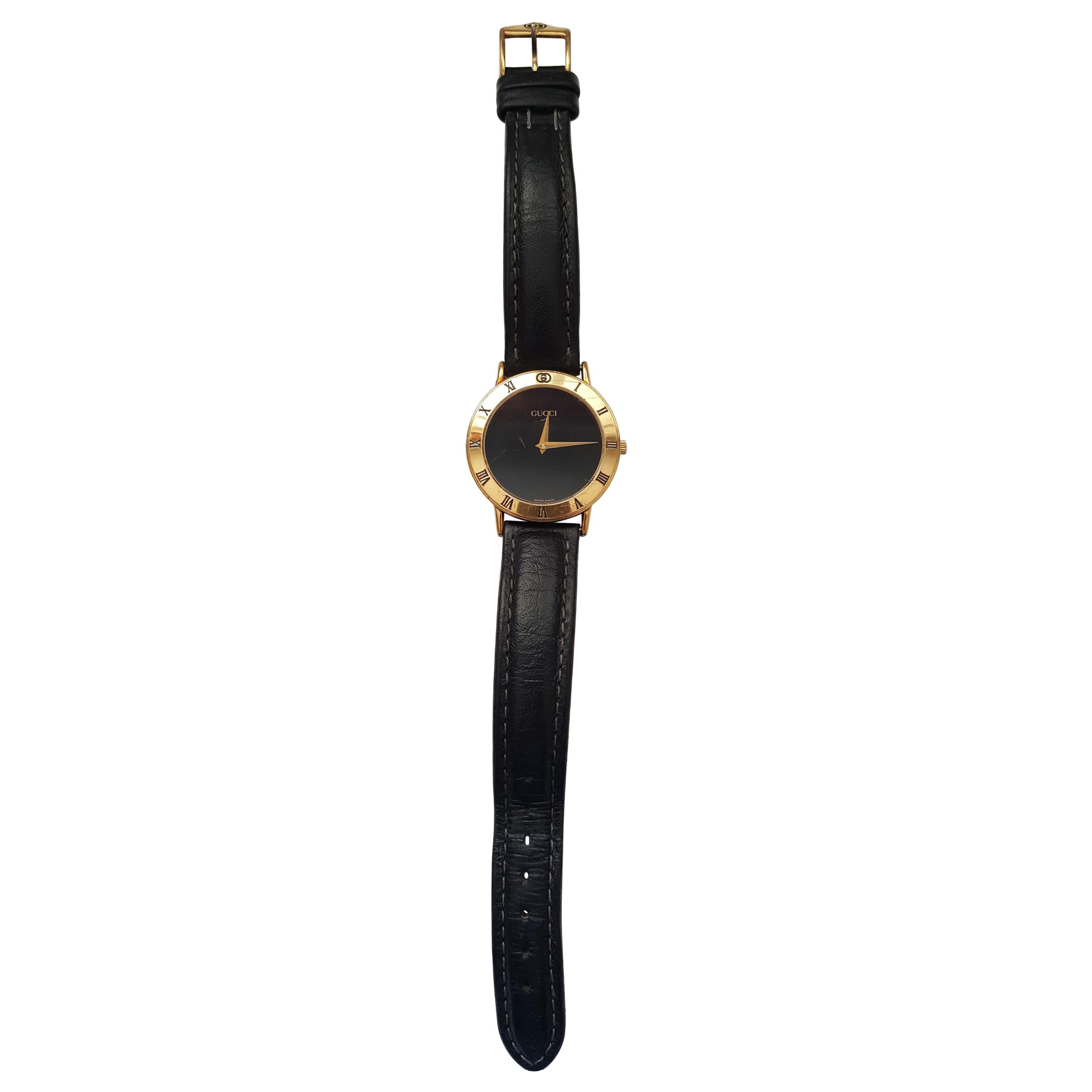 Gucci Black 18kt Yellow Gol Watch 3000.2M Model with Black Face Gold Plated Dial