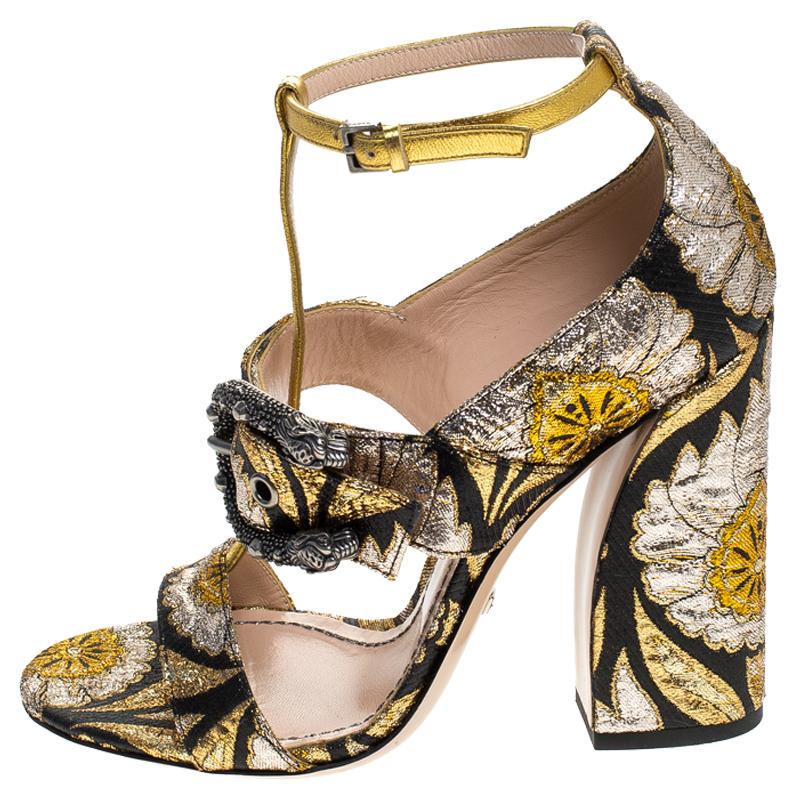 Gucci Black Gold Floral Brocade Fabric T Strap Dionysus Sandals Size 37