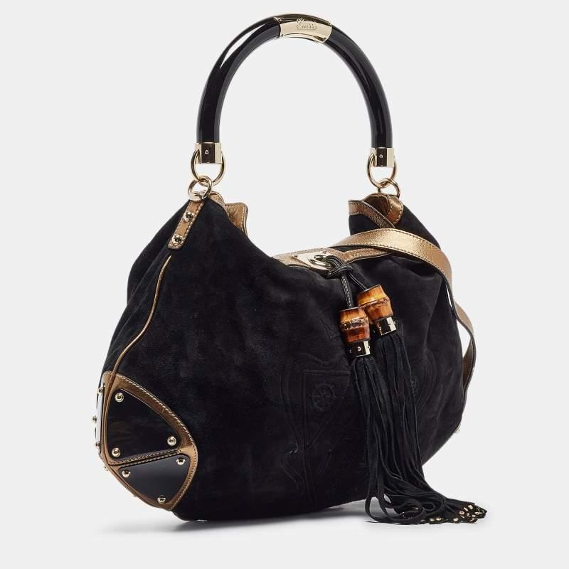 Gucci Black/Gold Hysteria Embossed Suede Large Indy Hobo In Good Condition In Dubai, Al Qouz 2