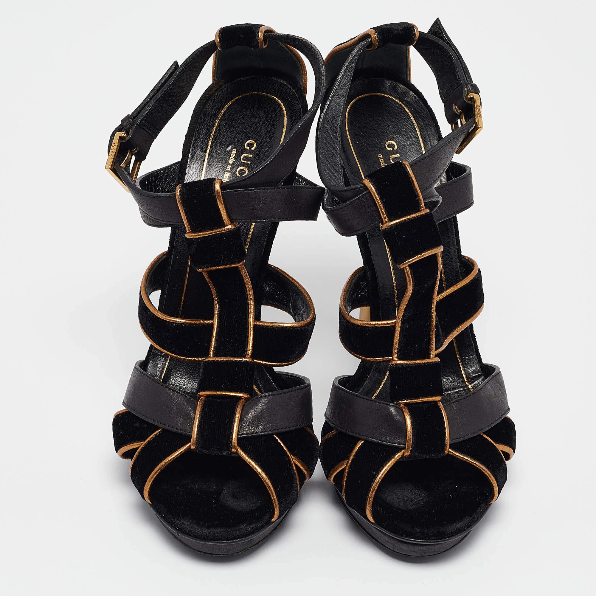 Gucci Schwarz/Gold Leder und Wildleder Malika Sandalen mit Knöchelriemen Größe 38 im Zustand „Gut“ in Dubai, Al Qouz 2