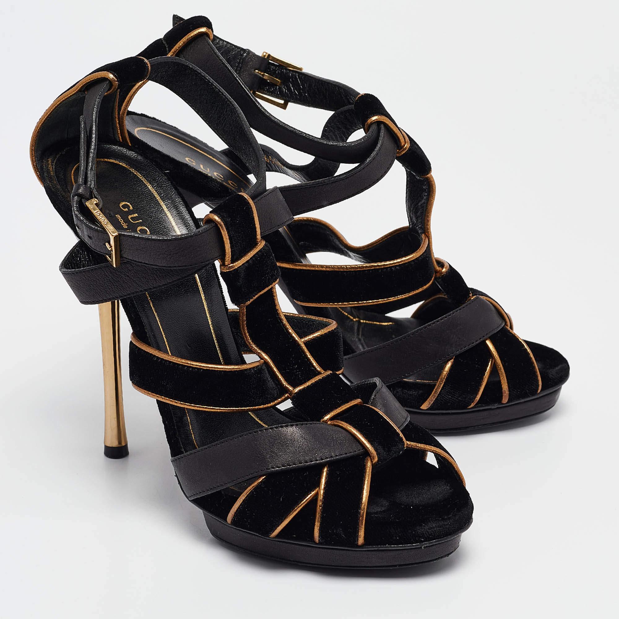 Gucci Schwarz/Gold Leder und Wildleder Malika Sandalen mit Knöchelriemen Größe 38 Damen