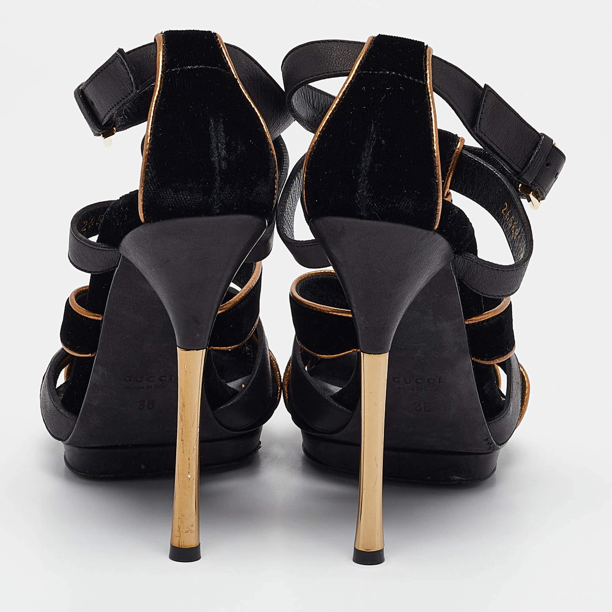 Gucci Schwarz/Gold Leder und Wildleder Malika Sandalen mit Knöchelriemen Größe 38 1