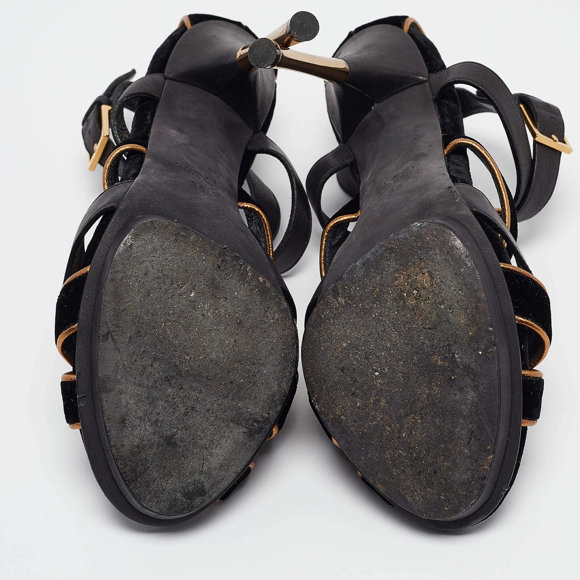 Gucci Schwarz/Gold Leder und Wildleder Malika Sandalen mit Knöchelriemen Größe 38 2
