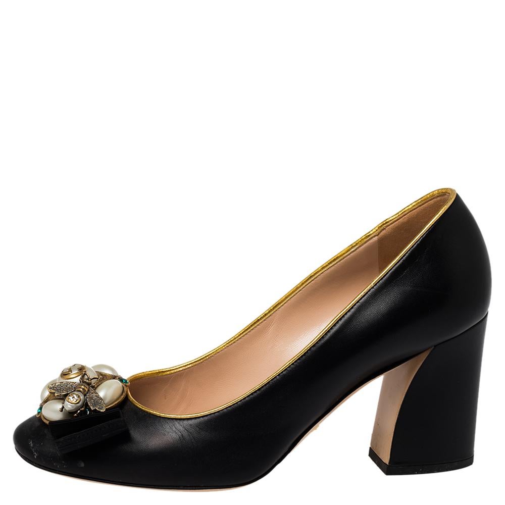 Gucci Black/Gold Leather Bee Pearl Pumps Size 38 1