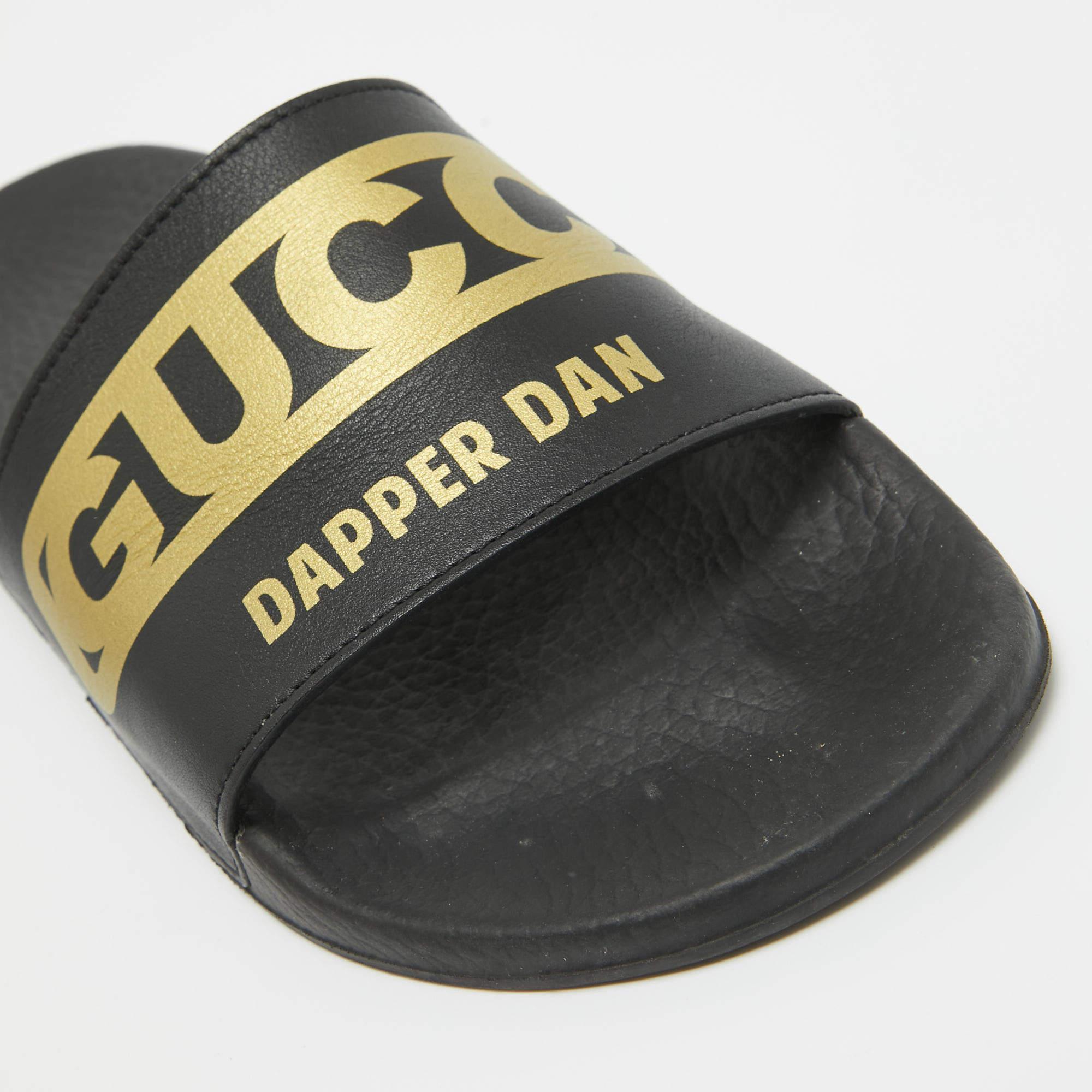 Gucci Black Gold Leather Dapper Dan Pool Slides Size 39