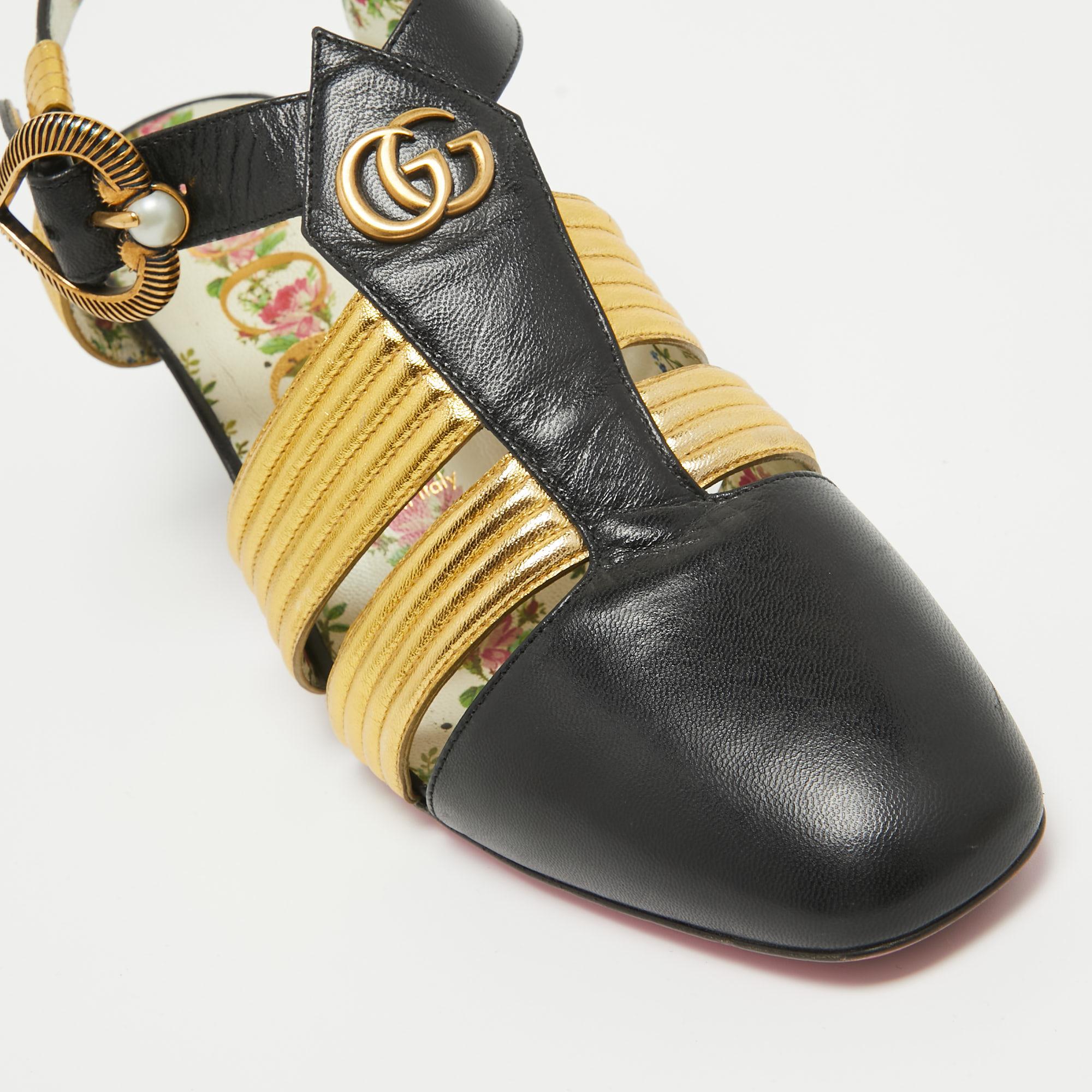 Women's Gucci Black/Gold Leather Gea Pumps Size 38.5 For Sale