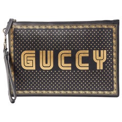 Gucci Black/Gold Leather 'Guccy' Zip Wristlet Clutch