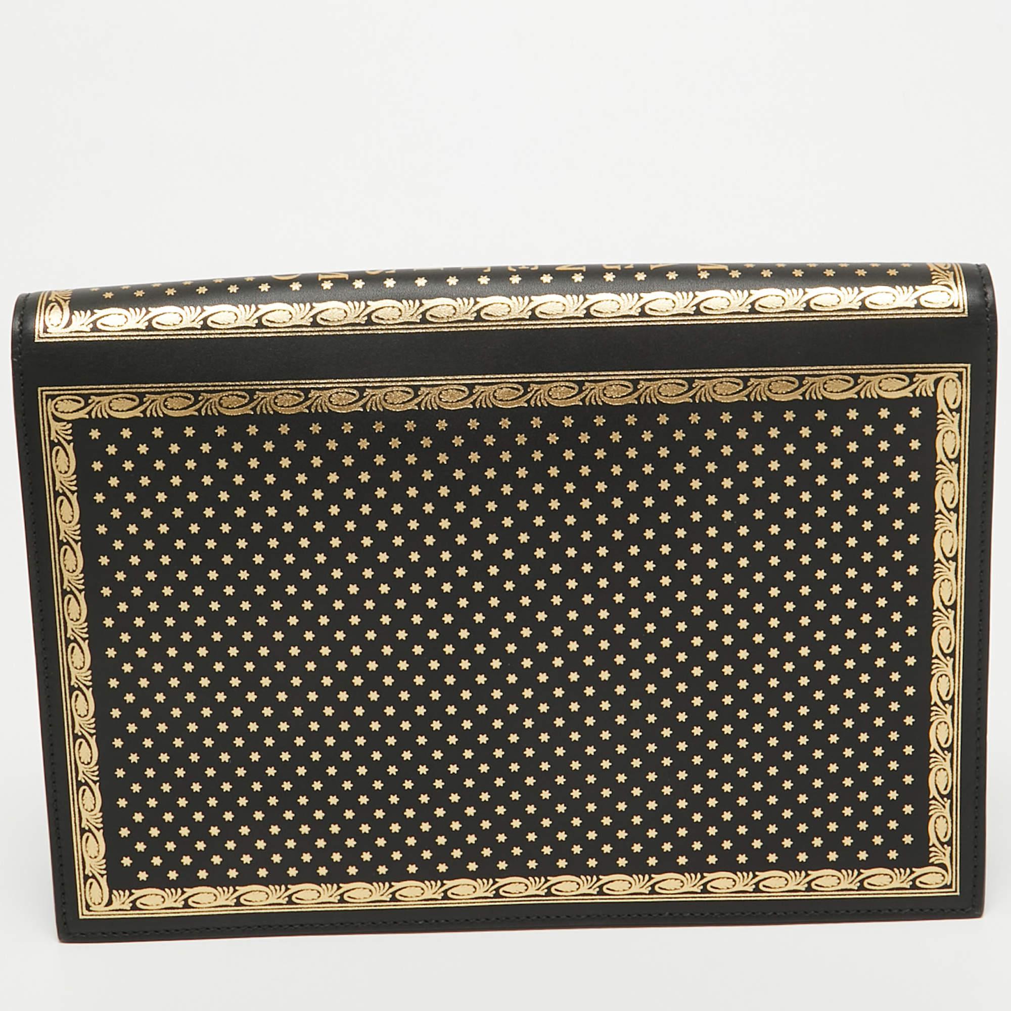 Women's Gucci Black/Gold Leather Printed GUCCY Portfolio Clutch For Sale