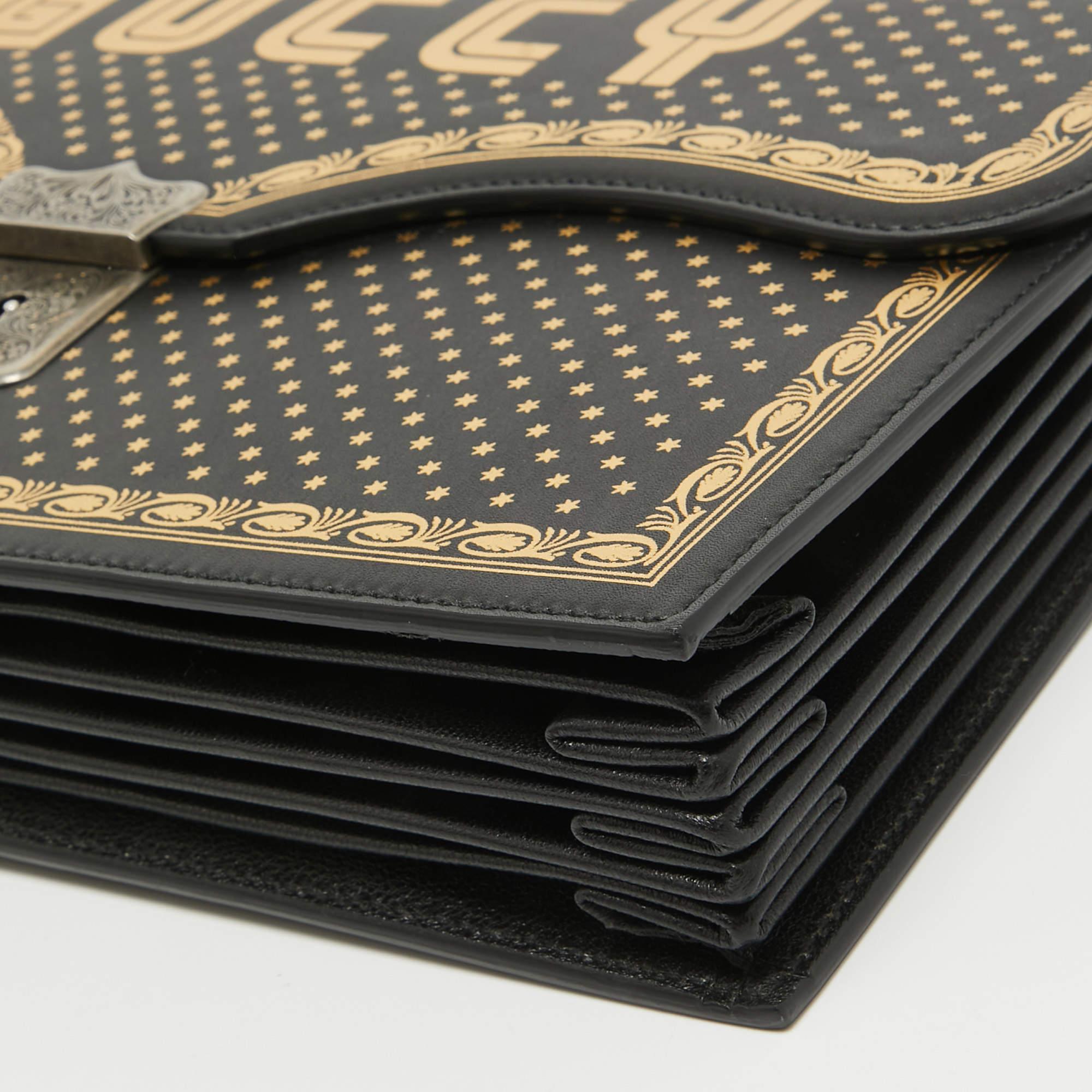 Gucci Black/Gold Leather Printed GUCCY Portfolio Clutch For Sale 1