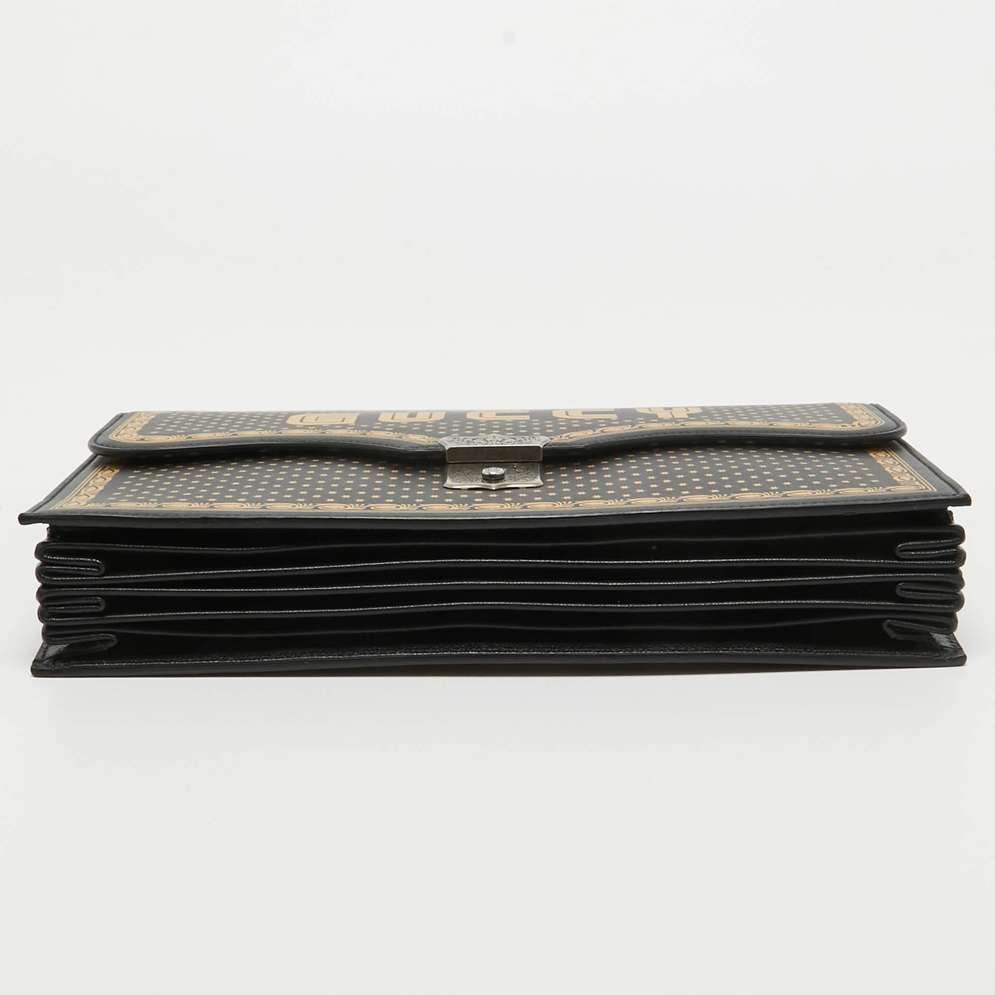 Gucci Black/Gold Leather Printed GUCCY Portfolio Clutch For Sale 3
