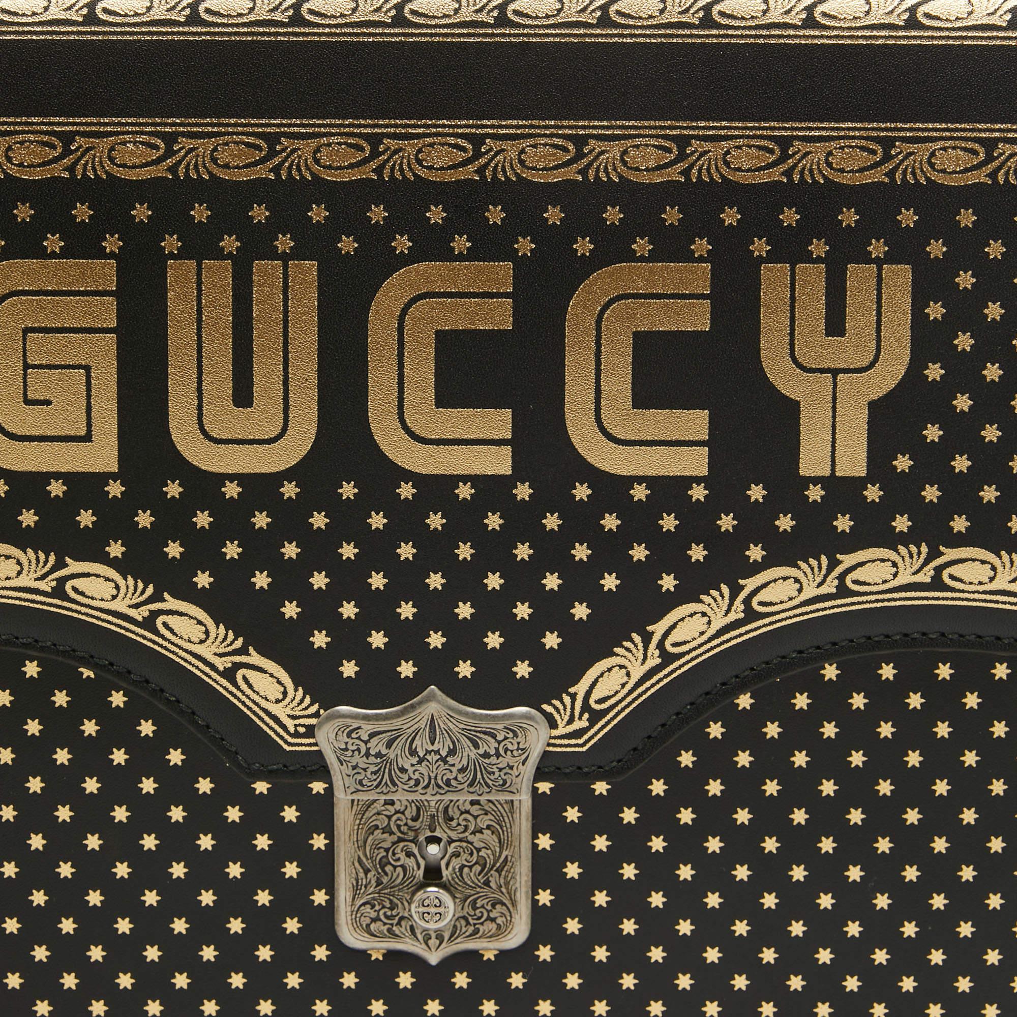 Gucci Black/Gold Leather Printed GUCCY Portfolio Clutch For Sale 4