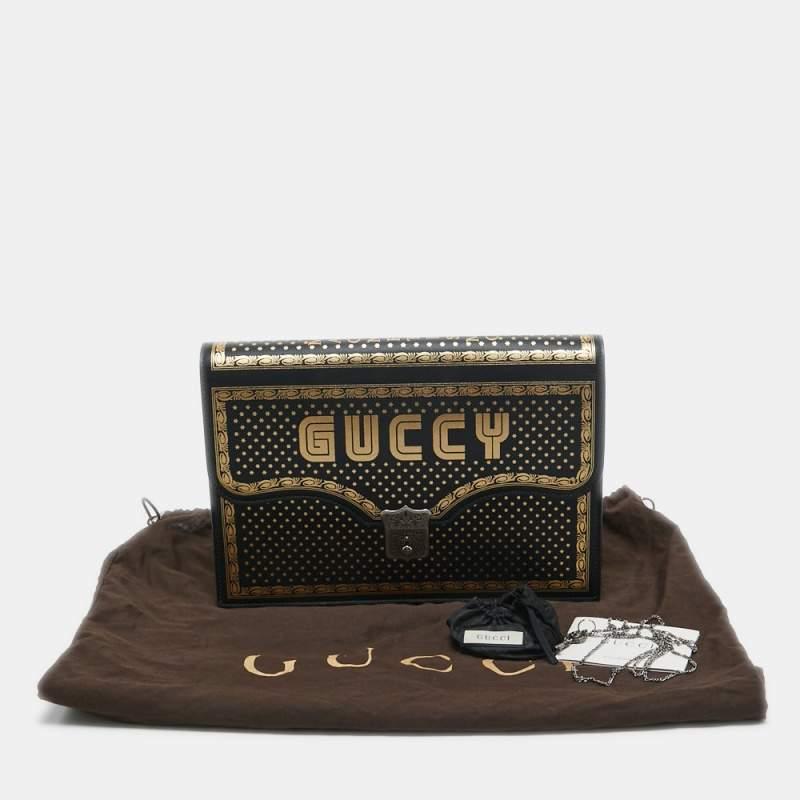 Gucci Black/Gold Leather Printed GUCCY Portfolio Clutch For Sale 5