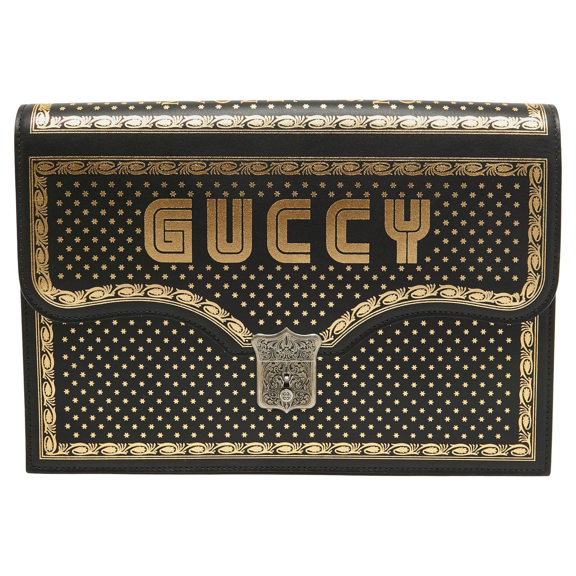 Gucci Black/Gold Leather Printed GUCCY Portfolio Clutch For Sale