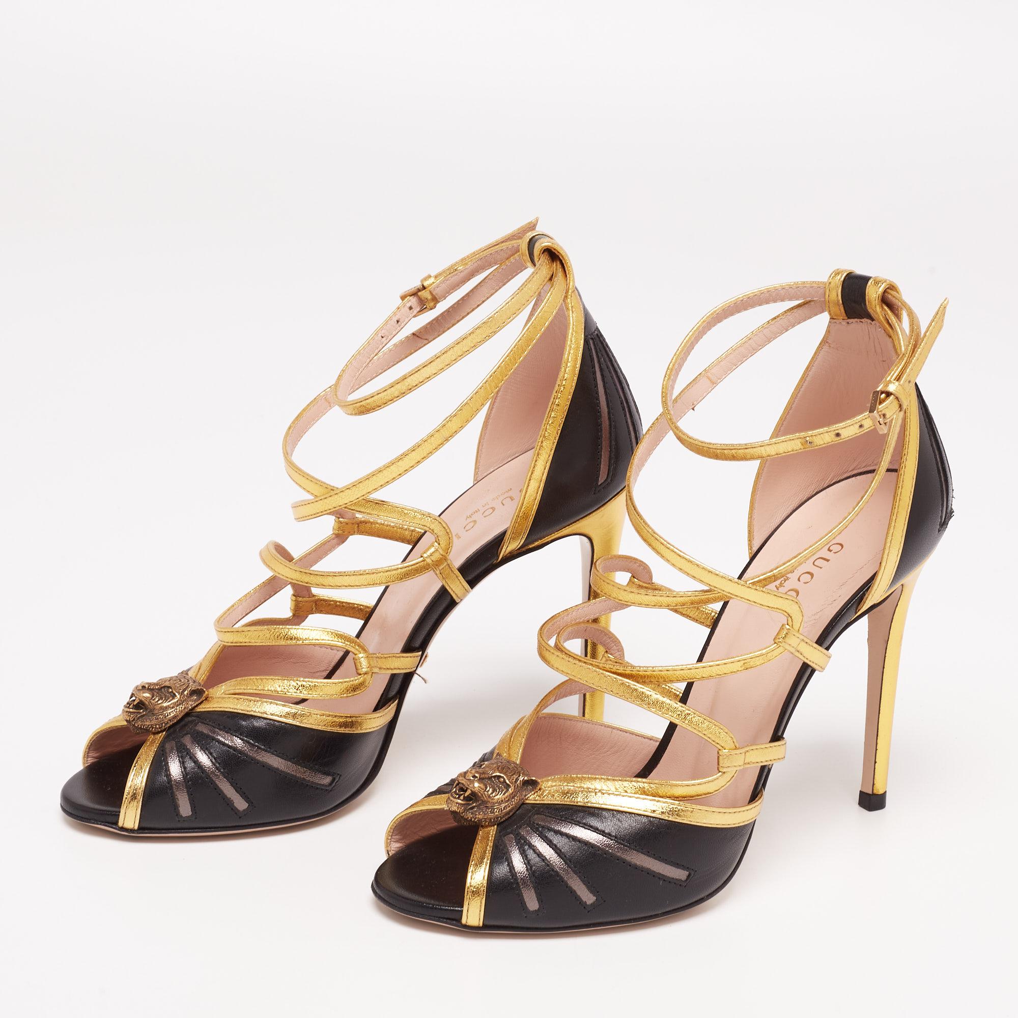 Gucci Black/Gold Leather Tiger Head Strappy Sandals Size 36 For Sale at  1stDibs