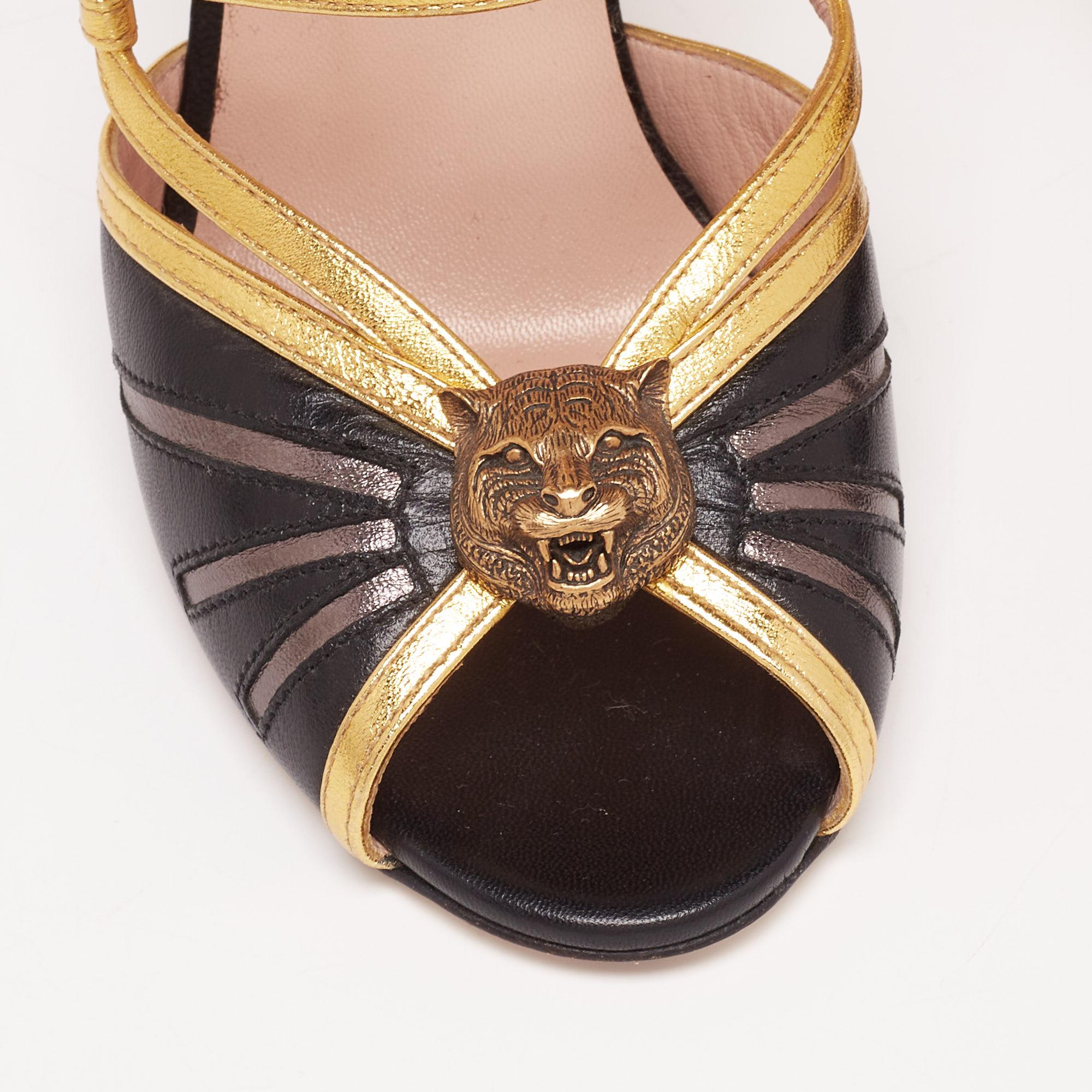 Beige Gucci Black/Gold Leather Tiger Head Strappy Sandals Size 36