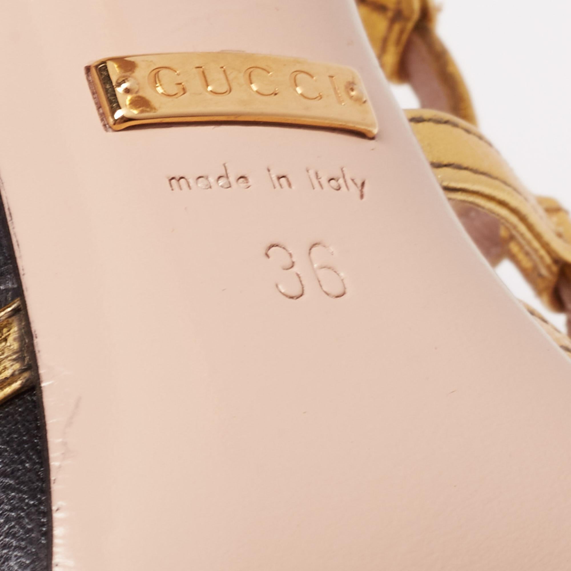 Gucci Black/Gold Leather Tiger Head Strappy Sandals Size 36 In Good Condition In Dubai, Al Qouz 2