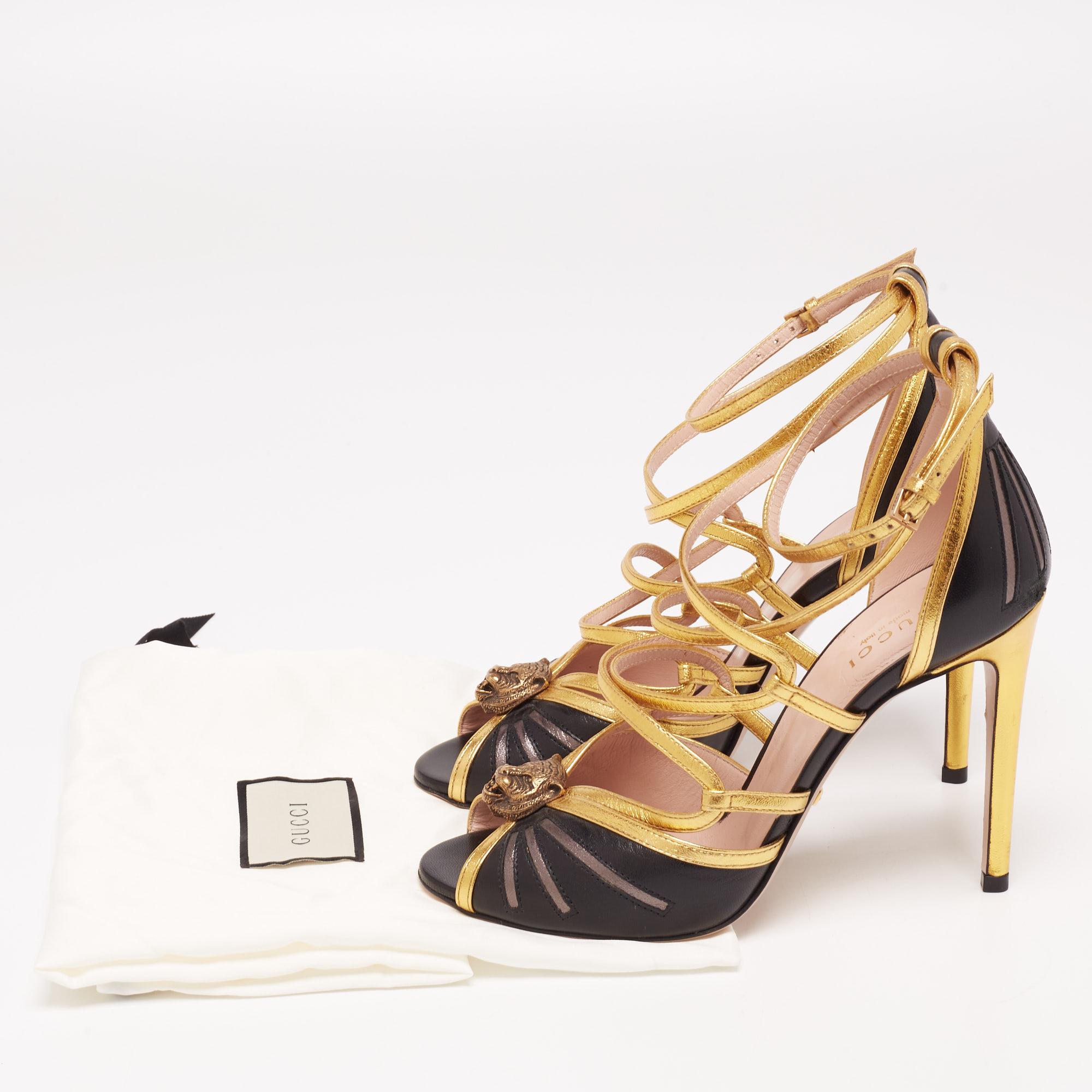 Gucci Black/Gold Leather Tiger Head Strappy Sandals Size 36 1