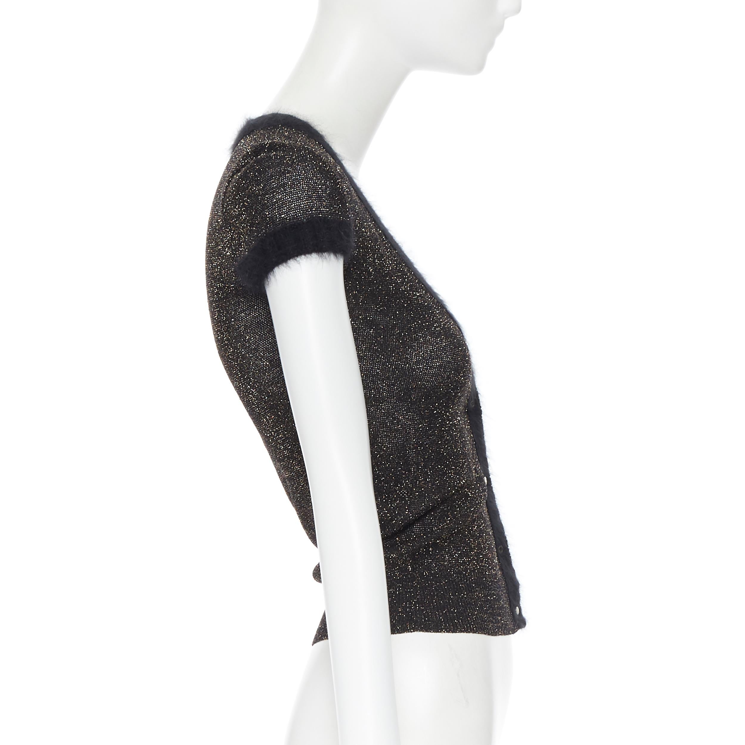 Black GUCCI black gold lurex shimmer alpaca trim cap sleeve cardigan sweater S