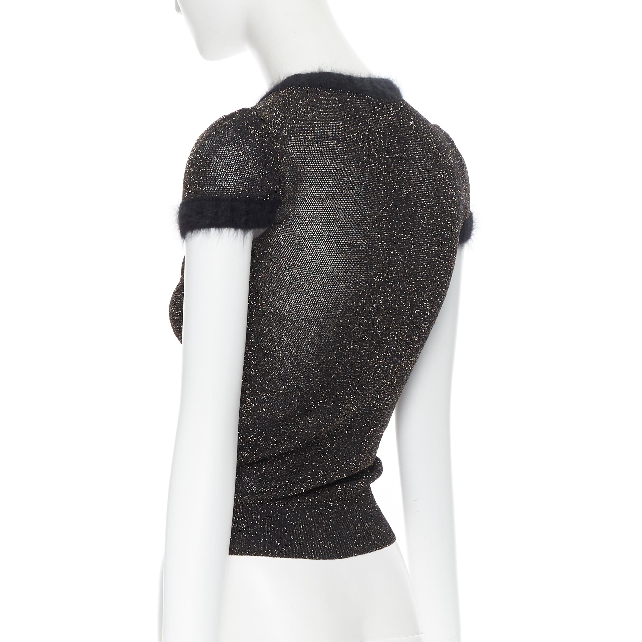 Women's GUCCI black gold lurex shimmer alpaca trim cap sleeve cardigan sweater S