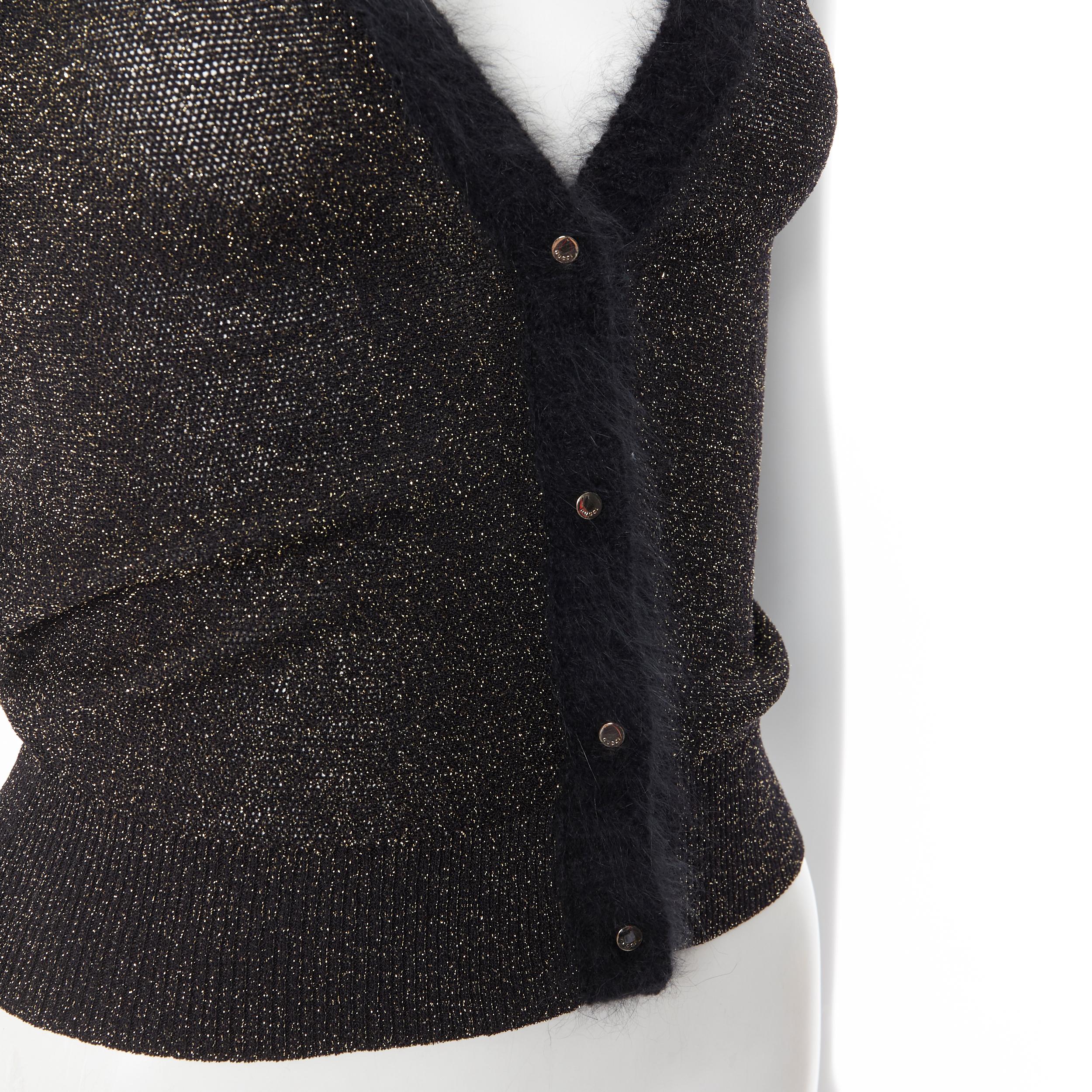 GUCCI black gold lurex shimmer alpaca trim cap sleeve cardigan sweater S 1