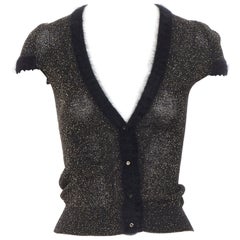 GUCCI black gold lurex shimmer alpaca trim cap sleeve cardigan sweater S
