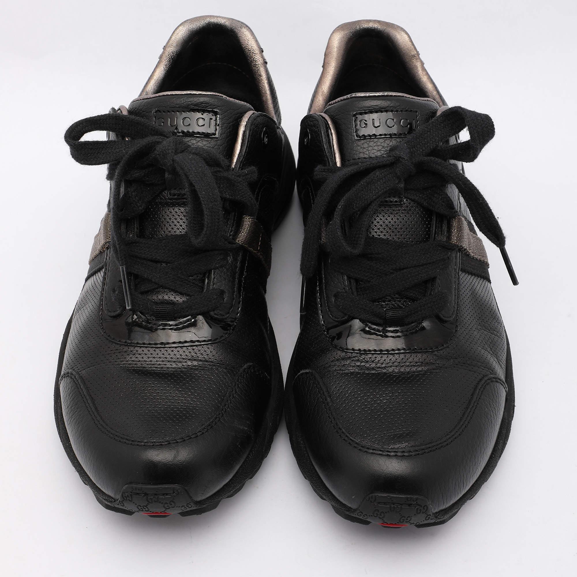 Gucci Schwarz/Gold Perforiertes Leder & Stoff Vintage Low Top Turnschuhe Größe 37,5 im Zustand „Gut“ im Angebot in Dubai, Al Qouz 2