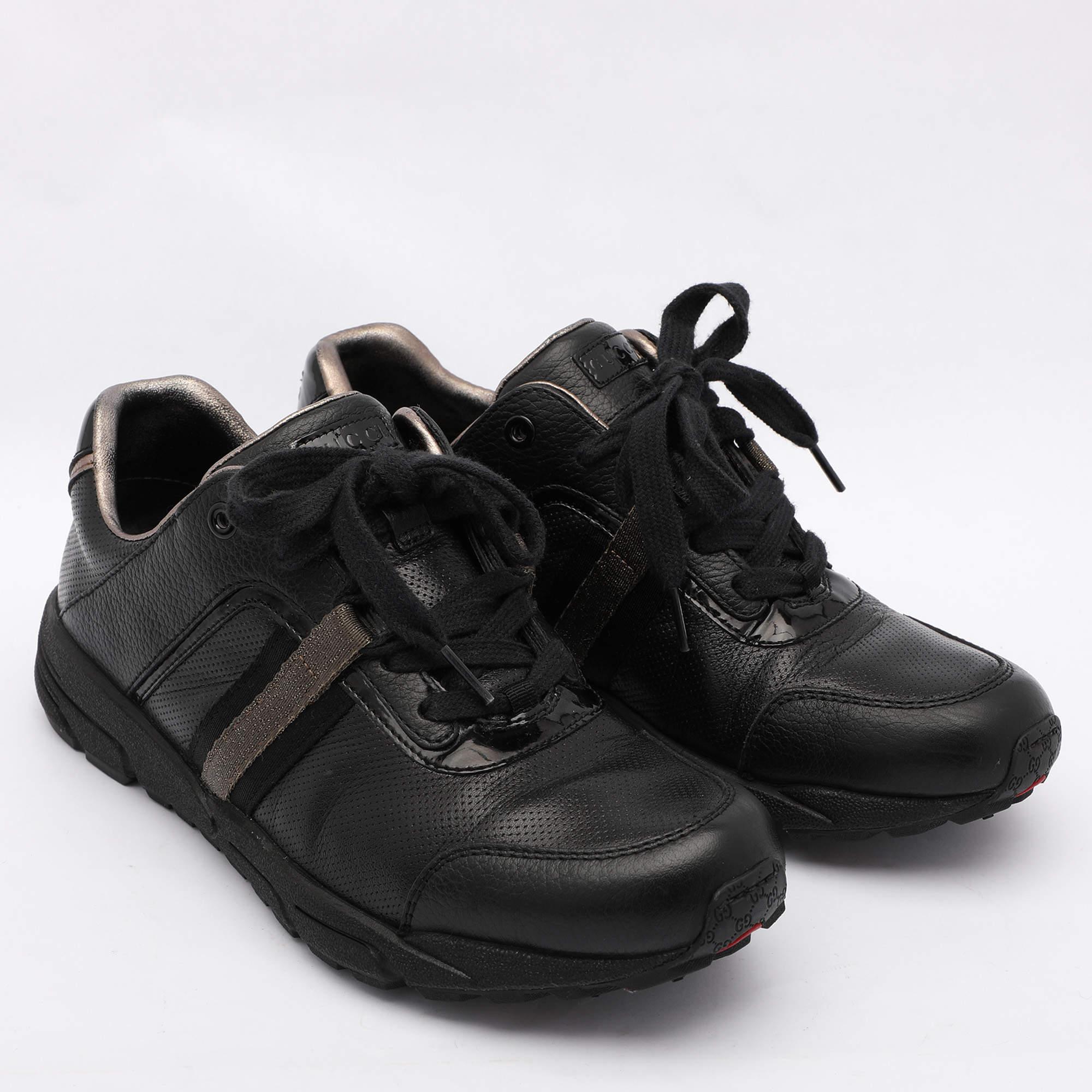 Gucci Schwarz/Gold Perforiertes Leder & Stoff Vintage Low Top Turnschuhe Größe 37,5 Damen im Angebot