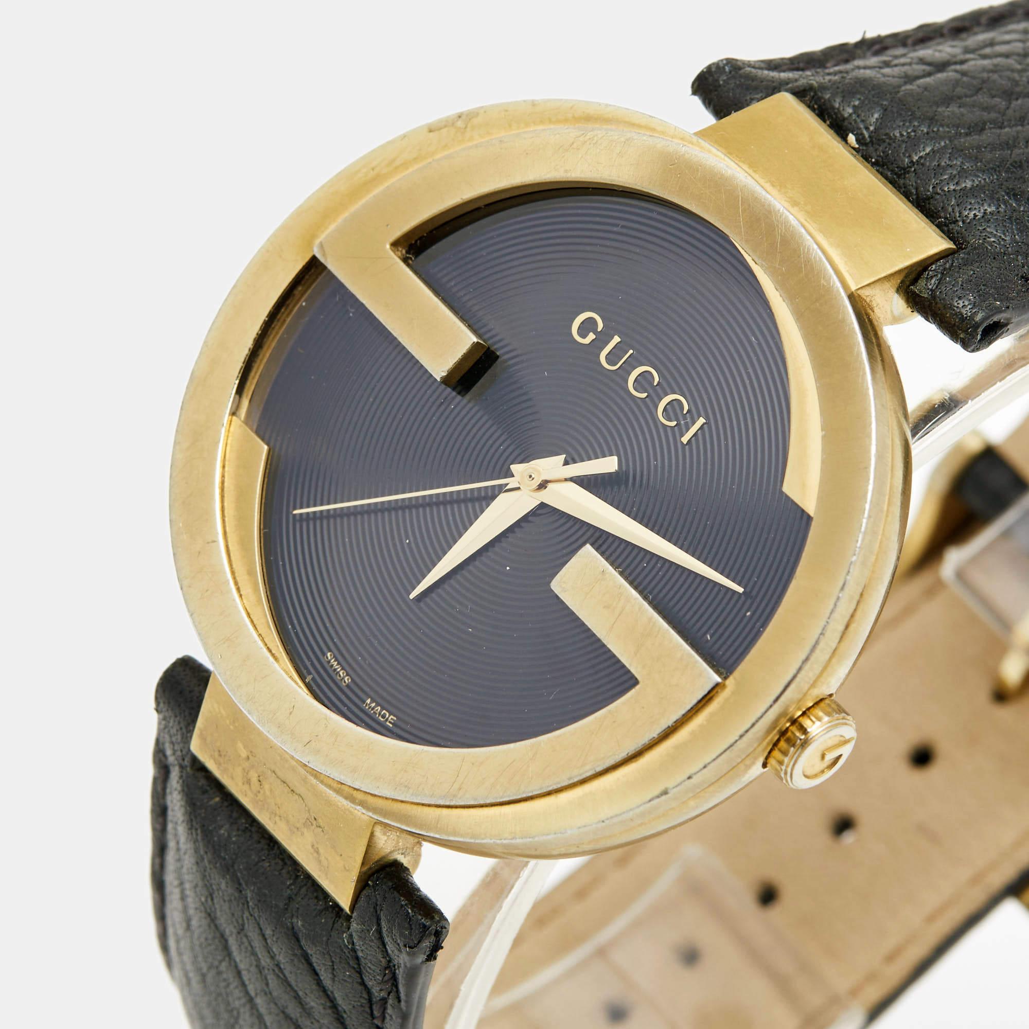 Gucci Black Gold Plated Stainless Steel Leather Interlocking Latin Grammy's In Fair Condition In Dubai, Al Qouz 2