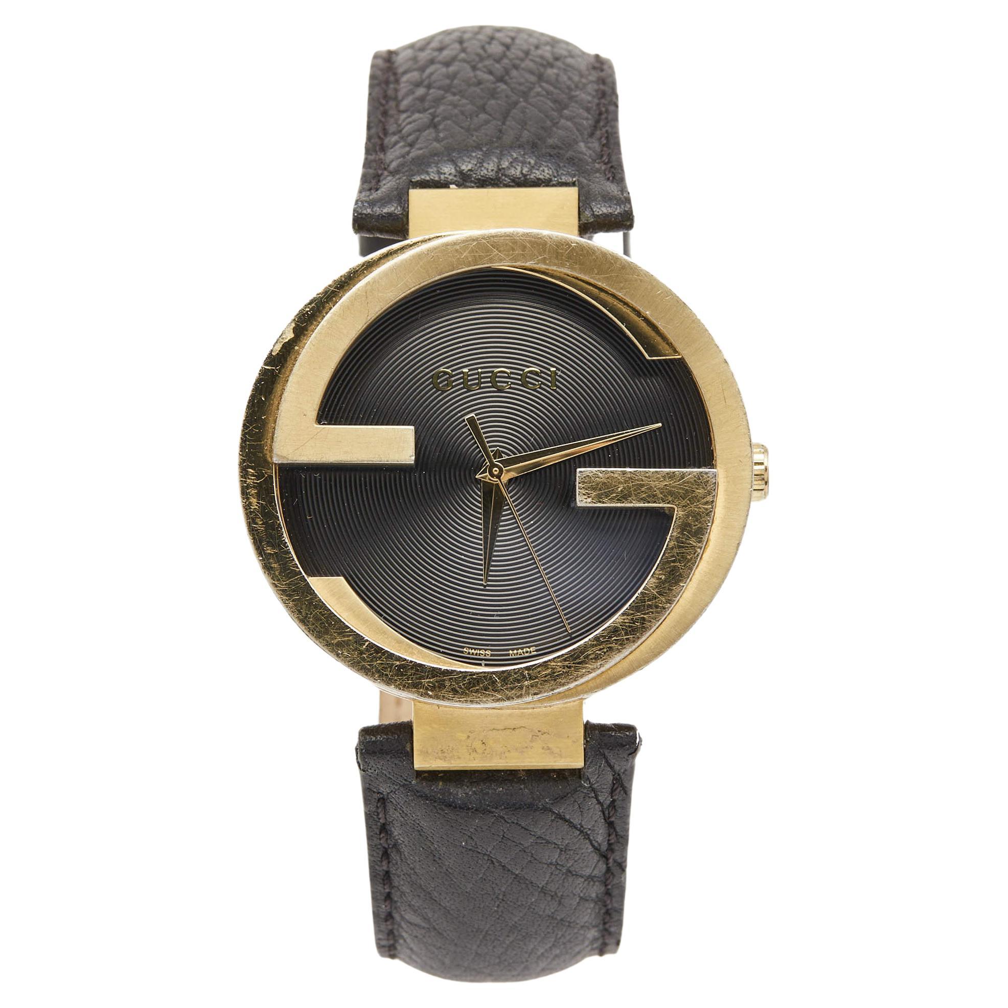 Gucci Black Gold Plated Stainless Steel Leather Interlocking Latin