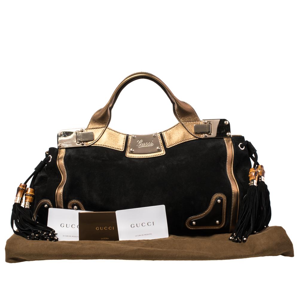Gucci Black/Gold Suede And Leather Race Top Handle Bag 5