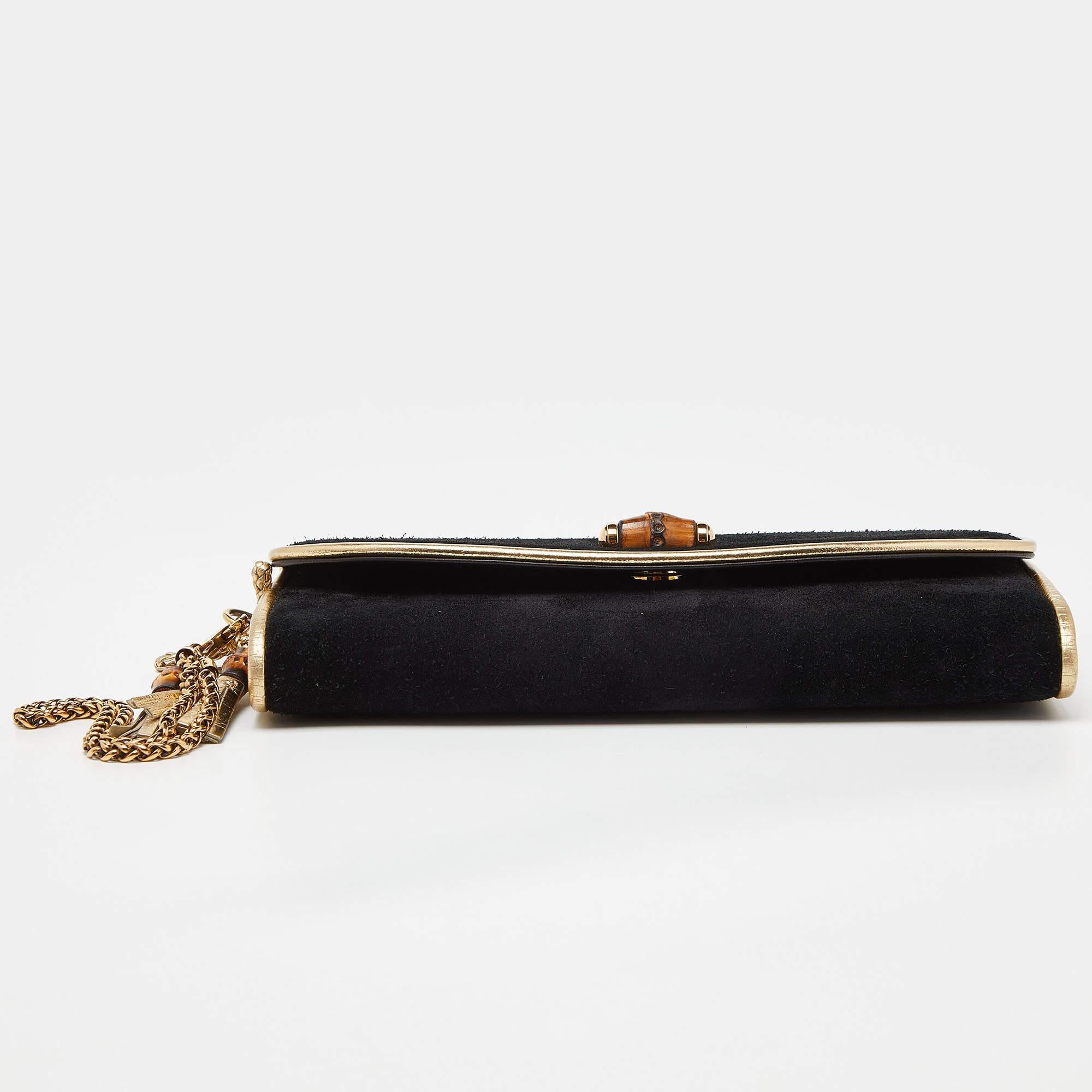 Gucci Black/Gold Suede Bamboo Wristlet Clutch For Sale 10
