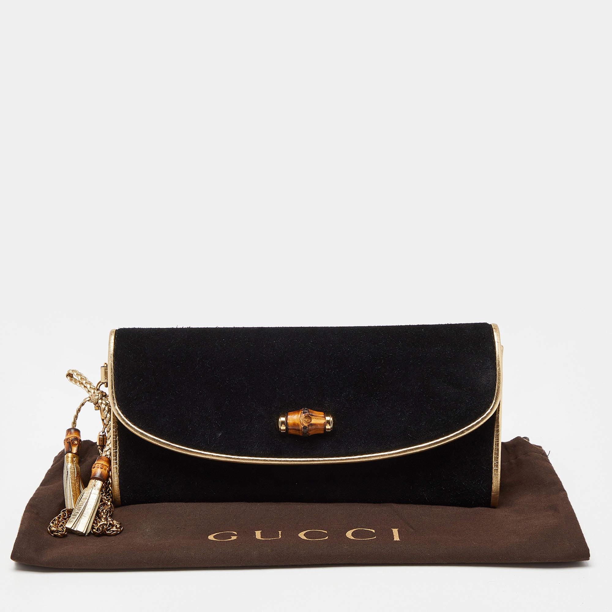 Gucci Black/Gold Suede Bamboo Wristlet Clutch For Sale 11