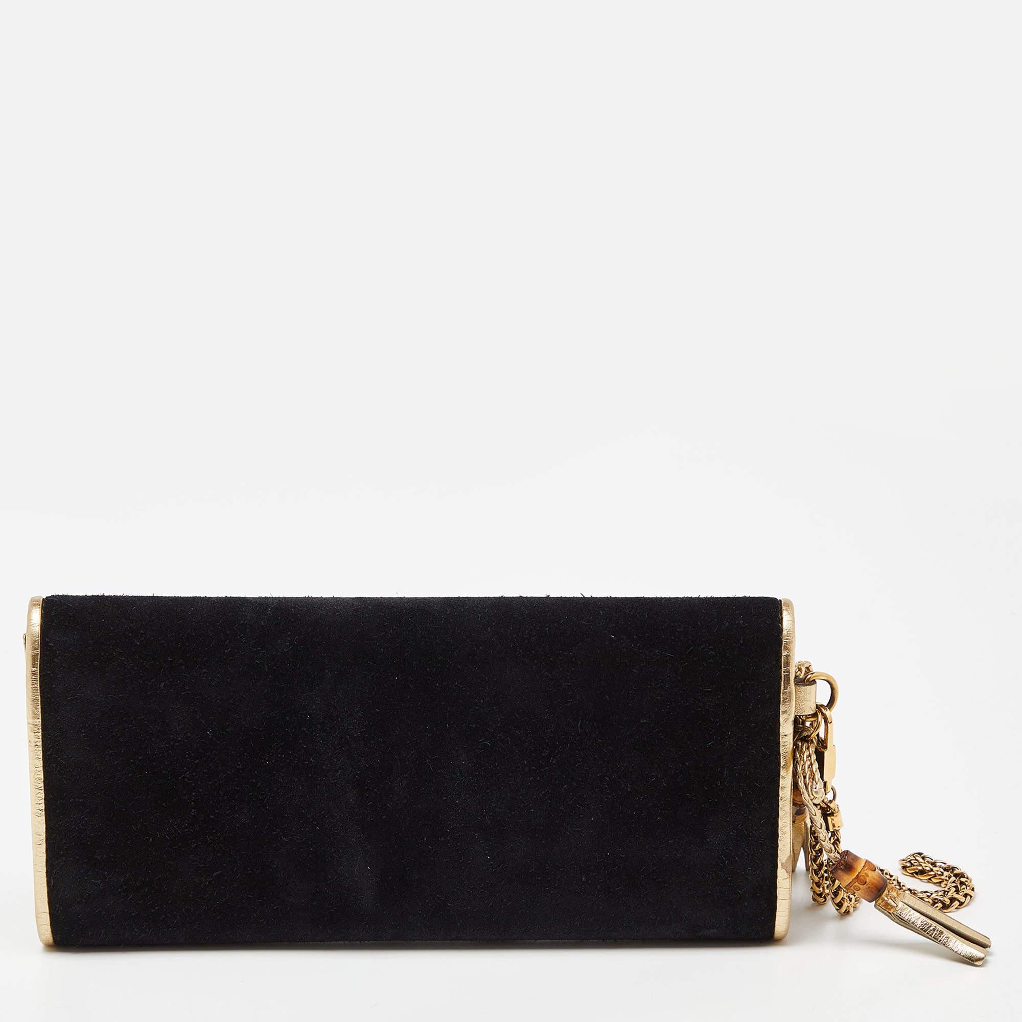 Women's Gucci Black/Gold Suede Bamboo Wristlet Clutch For Sale