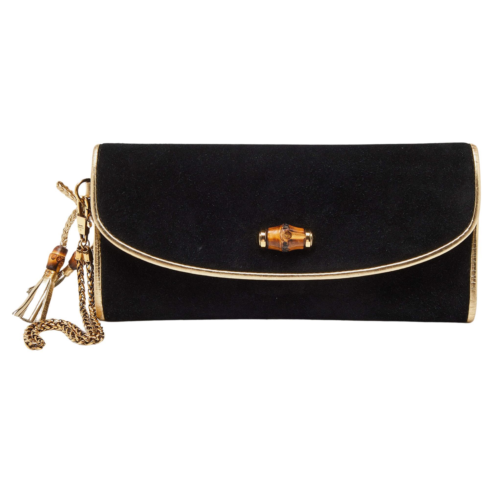 Gucci Black/Gold Suede Bamboo Wristlet Clutch For Sale