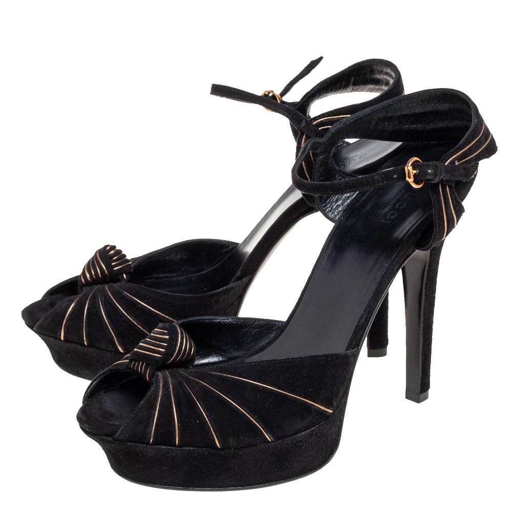 Women's Gucci Black/Gold Suede Kelly Knot Ankle-Strap Platform Sandals Size 40