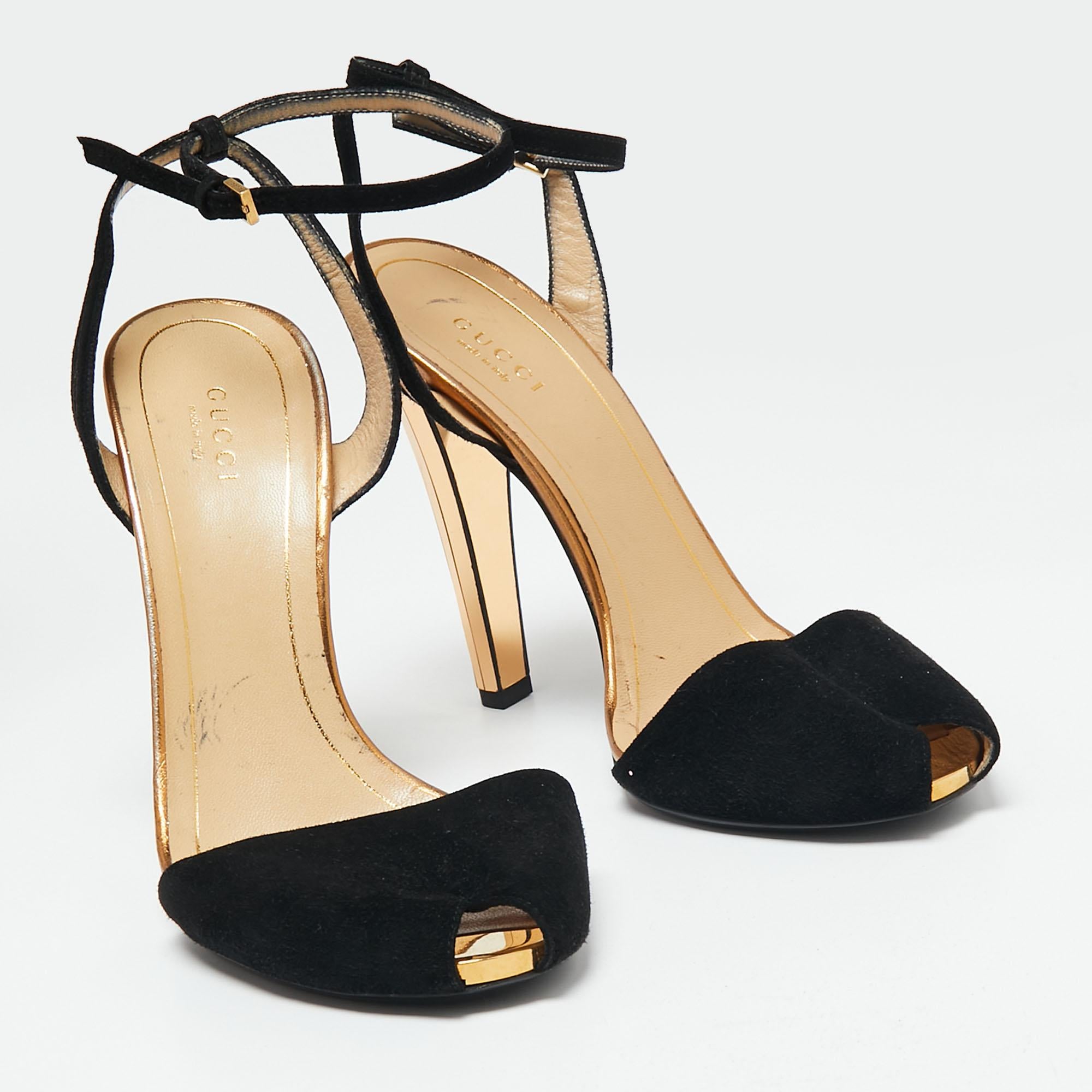 Gucci Black/Gold Suede Peep Toe Ankle Strap Sandals Size 38 3
