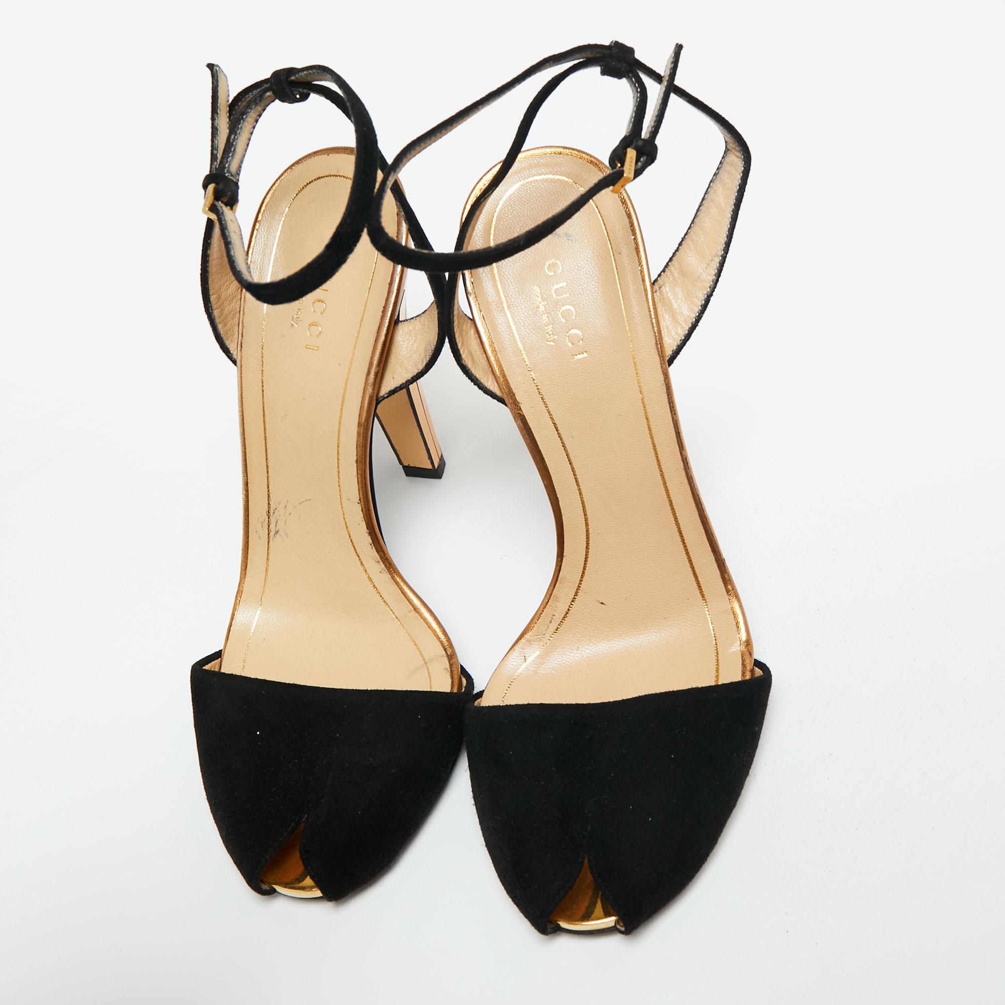 Gucci Black/Gold Suede Peep Toe Ankle Strap Sandals Size 38 4